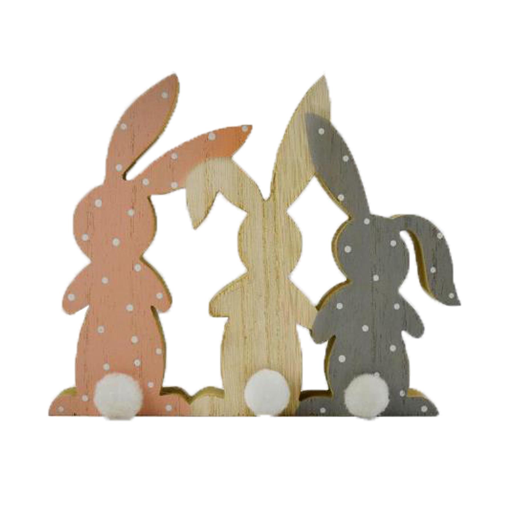 Easter Wooden Plaque 3 Bunnies with Pom Pom Tails Art Deco Decoration Pink