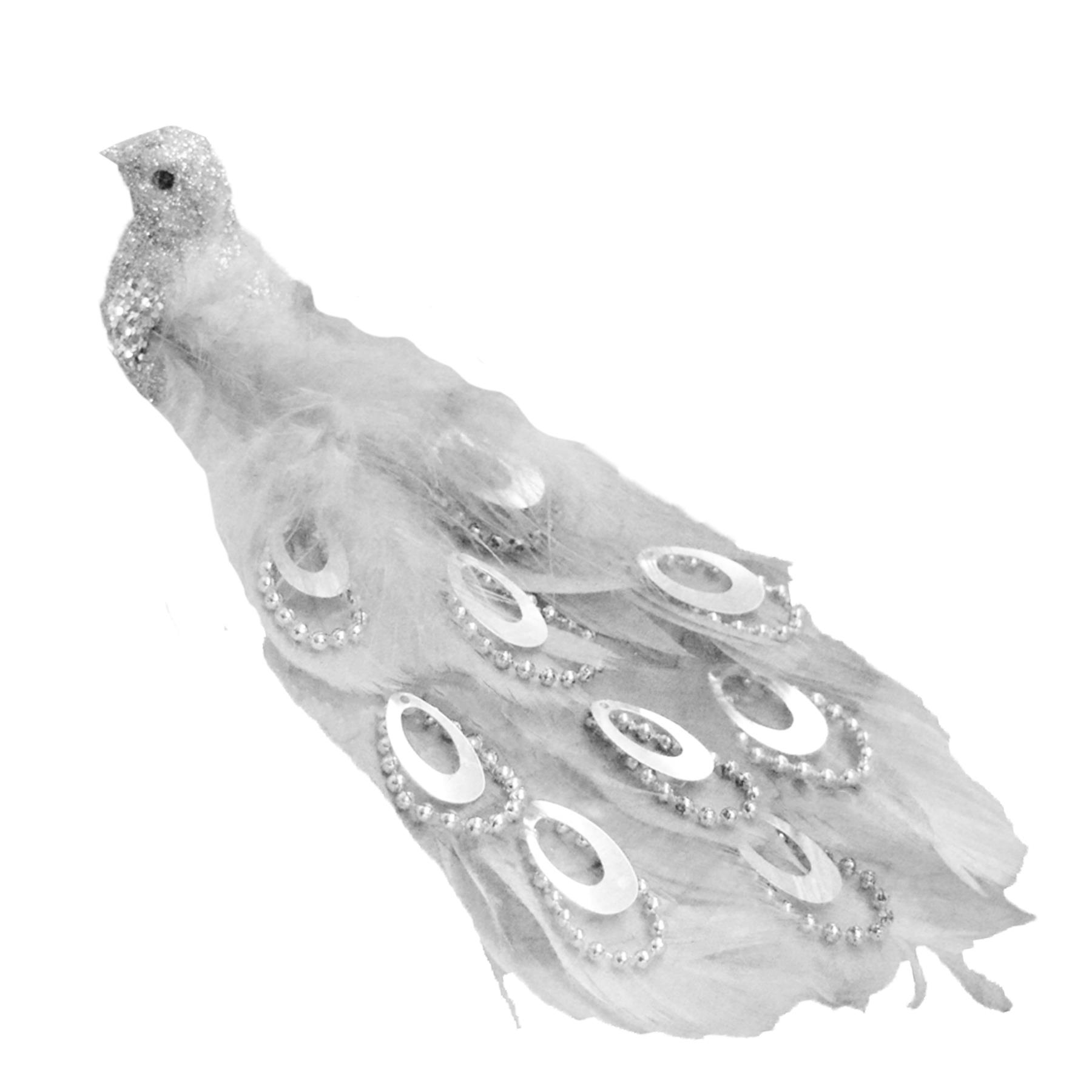 Christmas Tree Decoration Clip on Peacock Bird with Long Beaded Tail 21cm - Silver