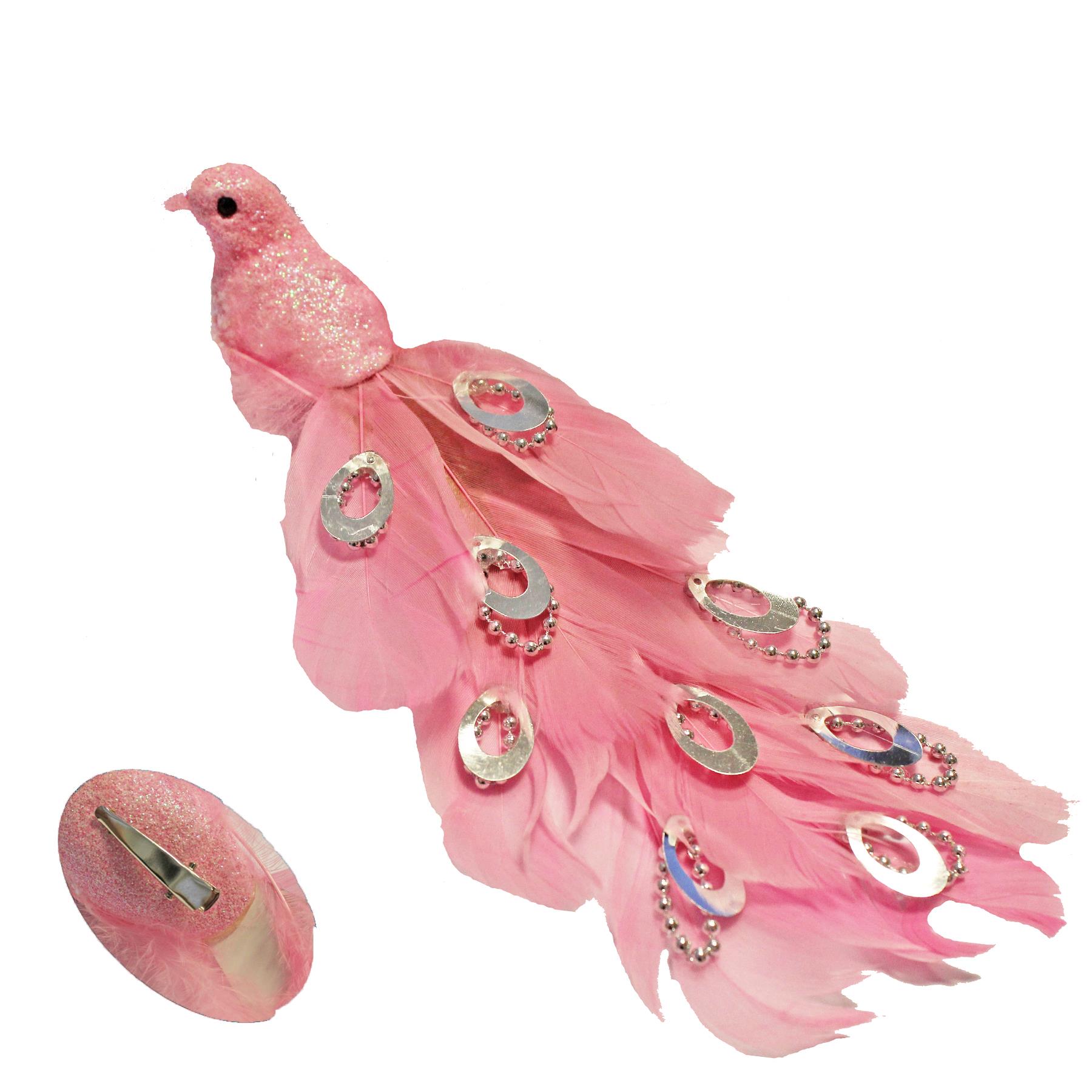 Christmas Tree Decoration Clip on Peacock Bird with Long Beaded Tail 21cm - Pink