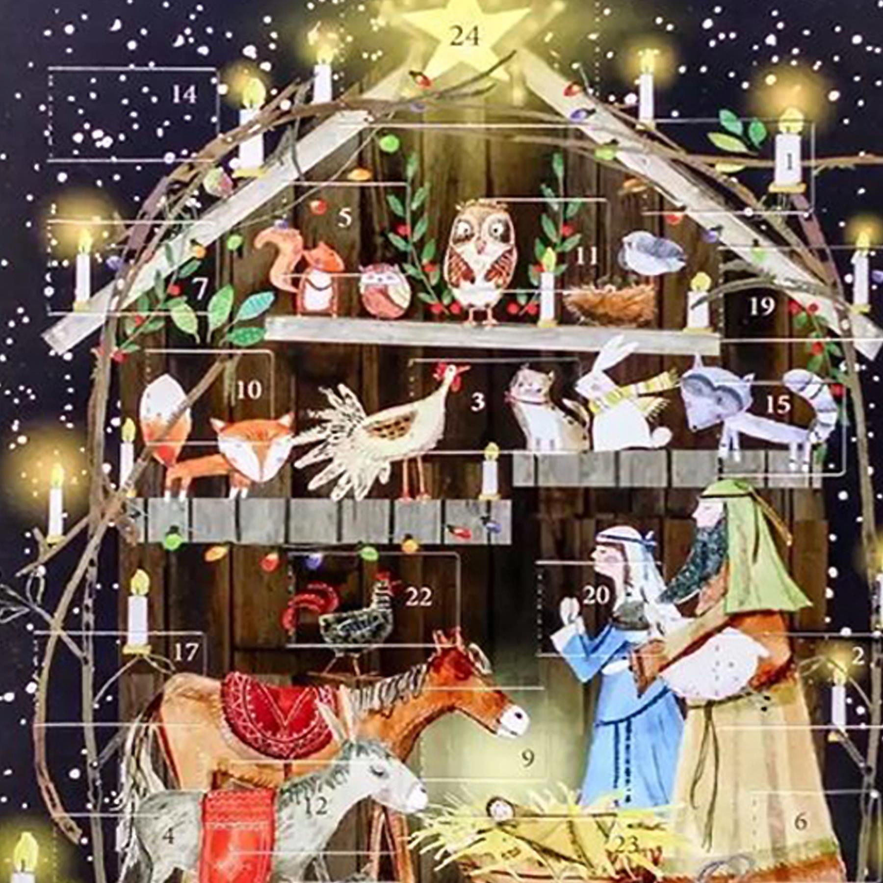 Christmas Card Advent Calendar with Red Envelope - Nativity with Animals