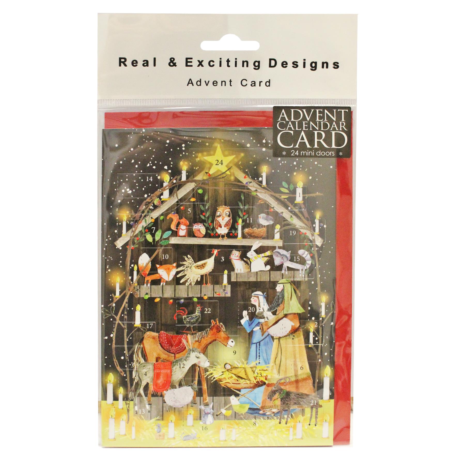 Christmas Card Advent Calendar with Red Envelope - Nativity with Animals