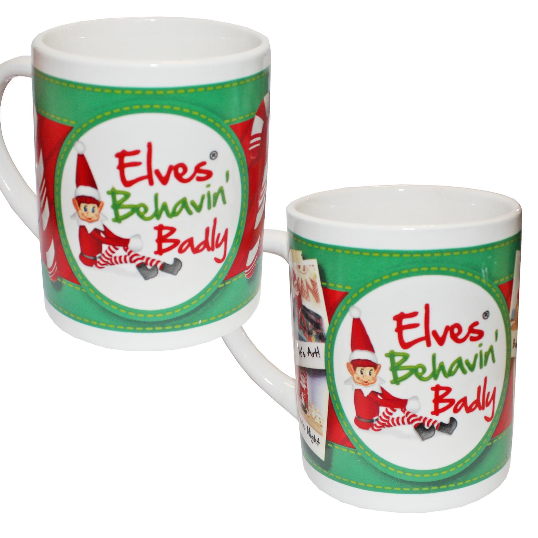Christmas 2 Pack Ceramic Elf Mugs Elf Behavin' Badly Fun Novelty Stocking Filler