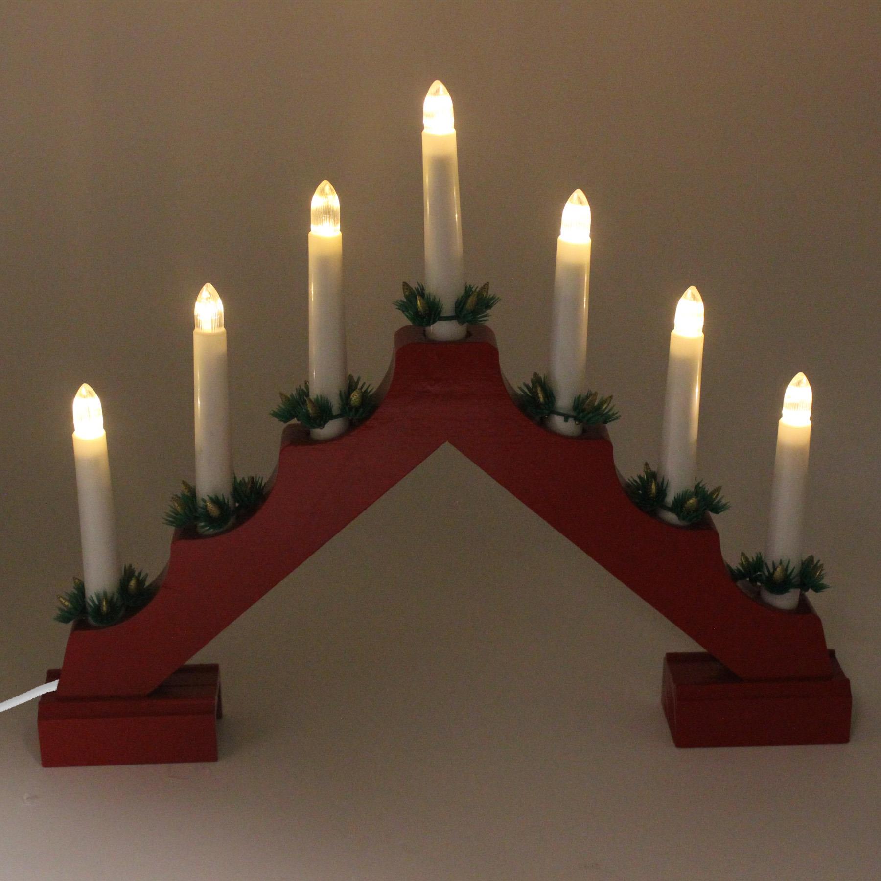 Christmas Decoration Wooden 40cm Mains Operated 7 Light Candlebridge - Red