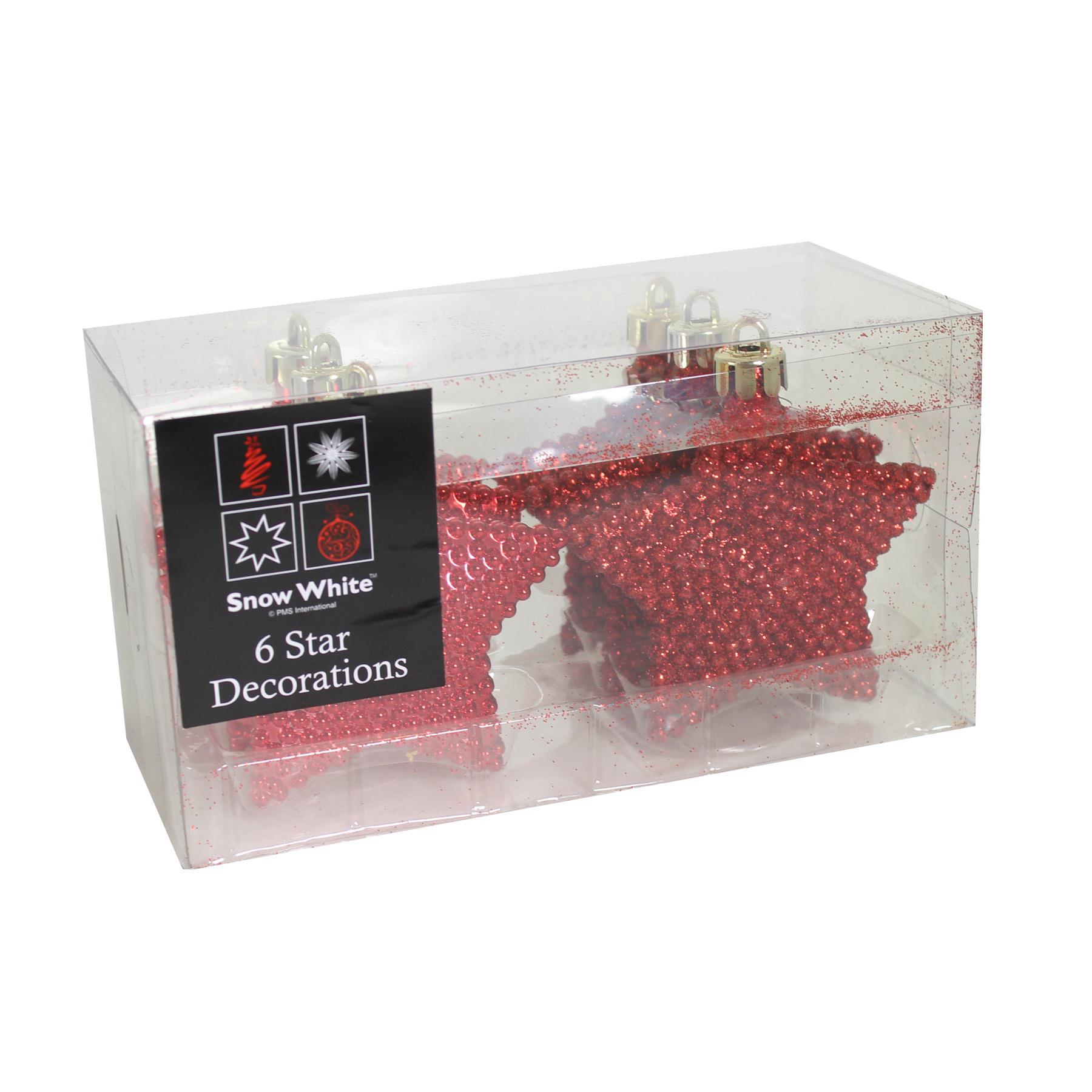 Christmas Tree Decoration 6 Pack 80mm Bobble Stars - Red