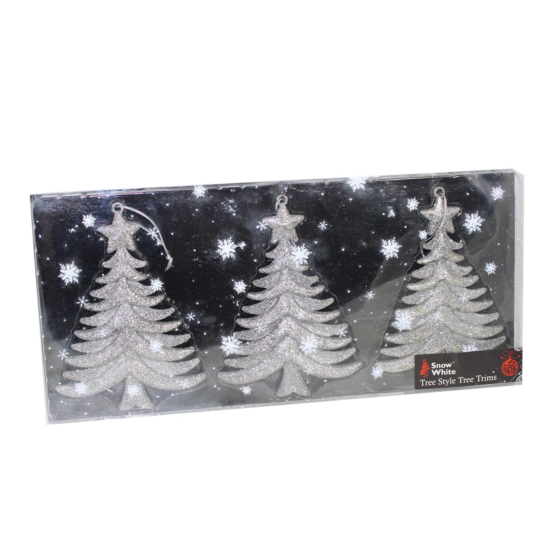 Christmas - 3 Pack Silver Glitter Hanging Trees Decoration