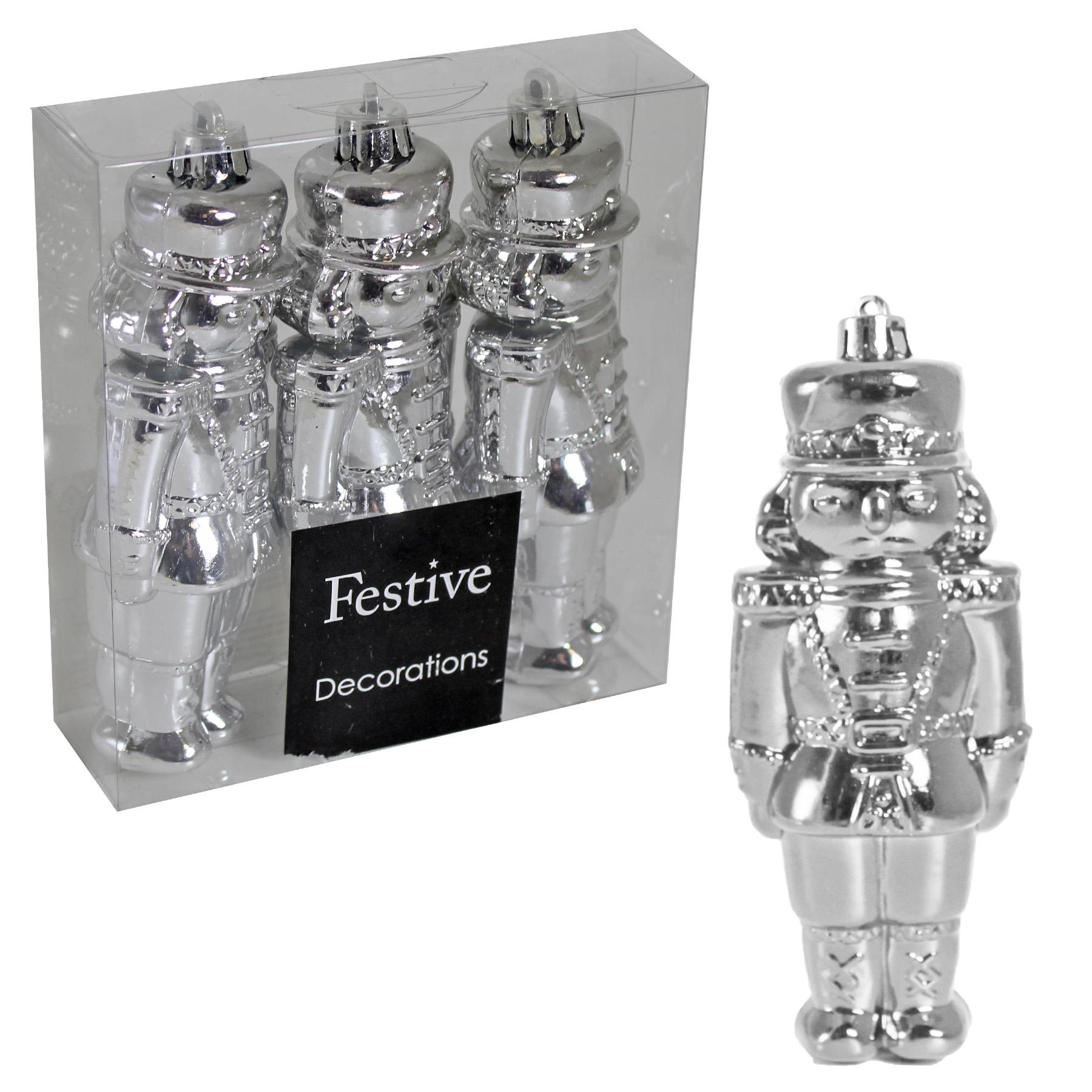 image433949496.jpg Christmas Decoration 3 Pack 12cm Shiny Nutcracker Style Figurines - Silver