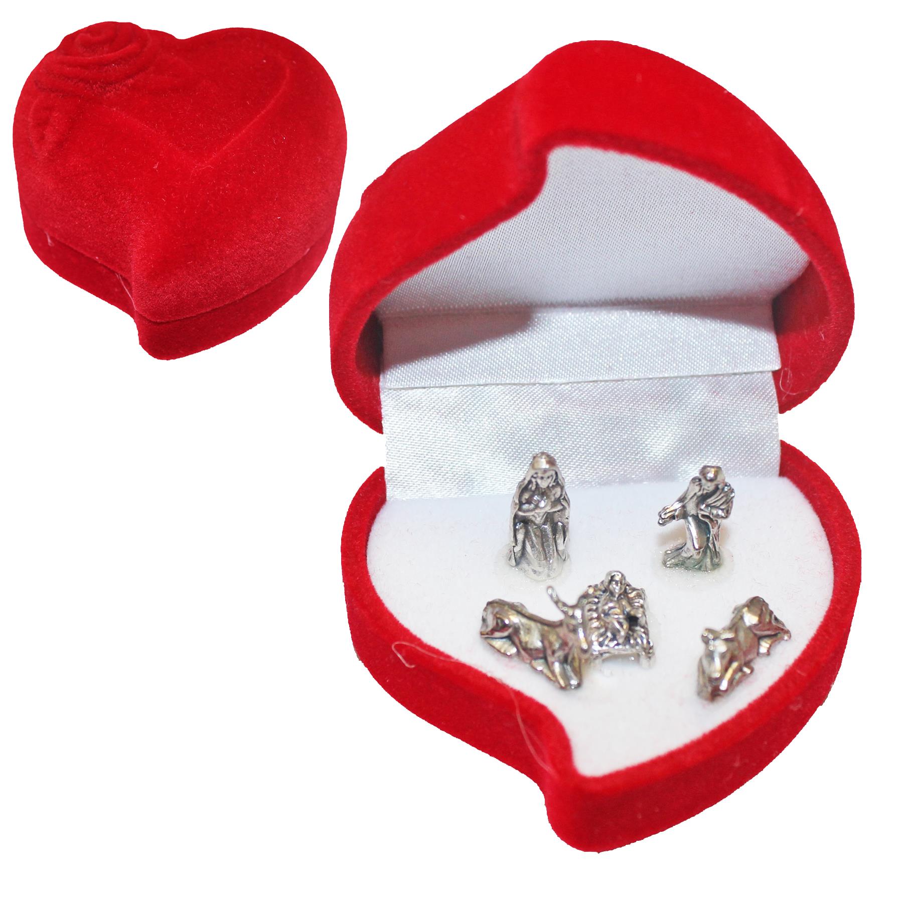 Miniature Nativity Metal Figures in Rose Heart Gift Box Christmas Decoration