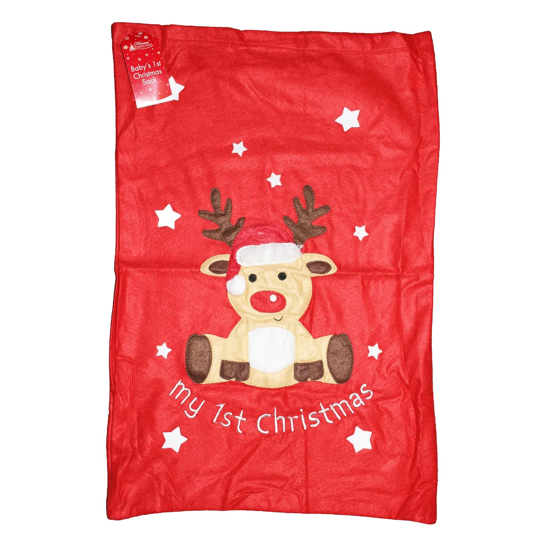 Large Christmas Sack Baby's 1st Christmas Red Felt with Reindeer - 70cm x 50cm