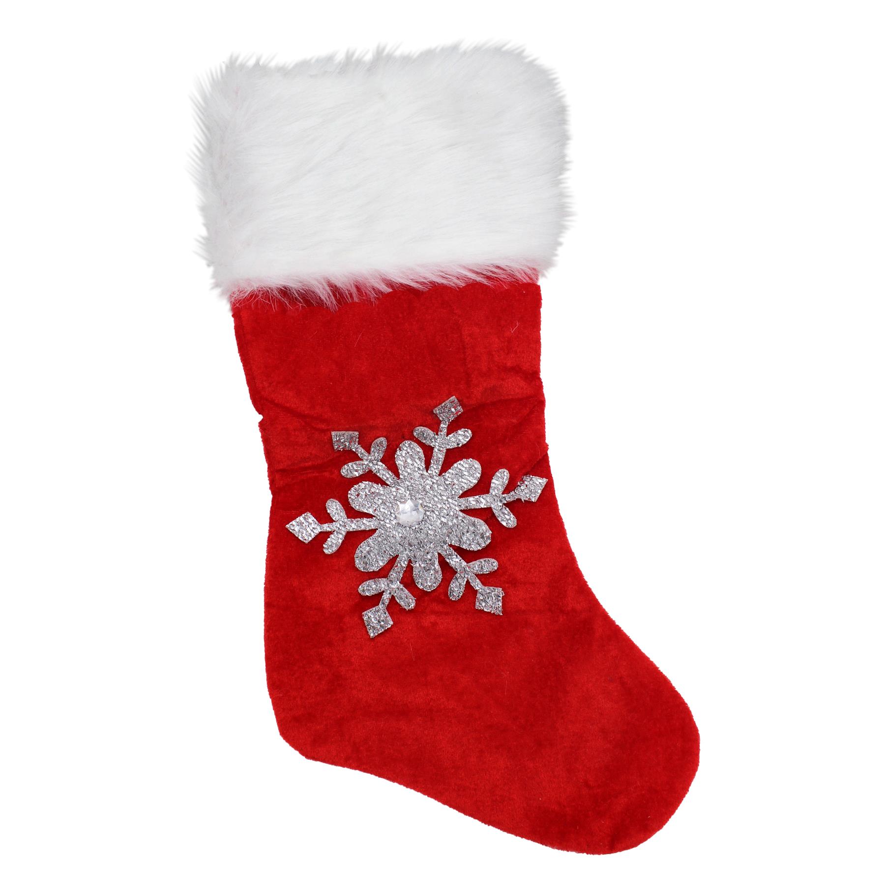 Christmas Stocking Velour with Silver Gem Snowflake 45cm Red and White