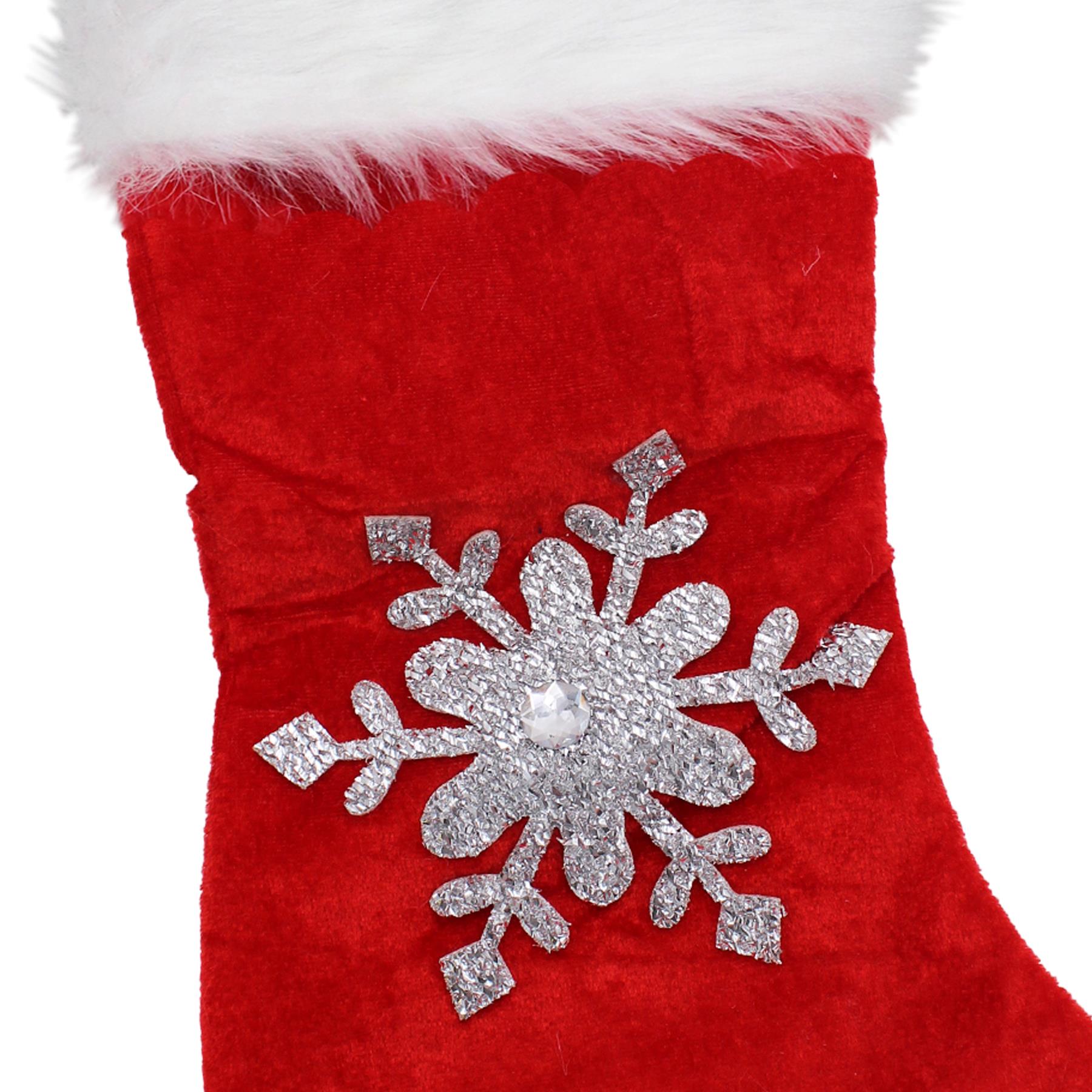 Christmas Stocking Velour with Silver Gem Snowflake 45cm Red and White