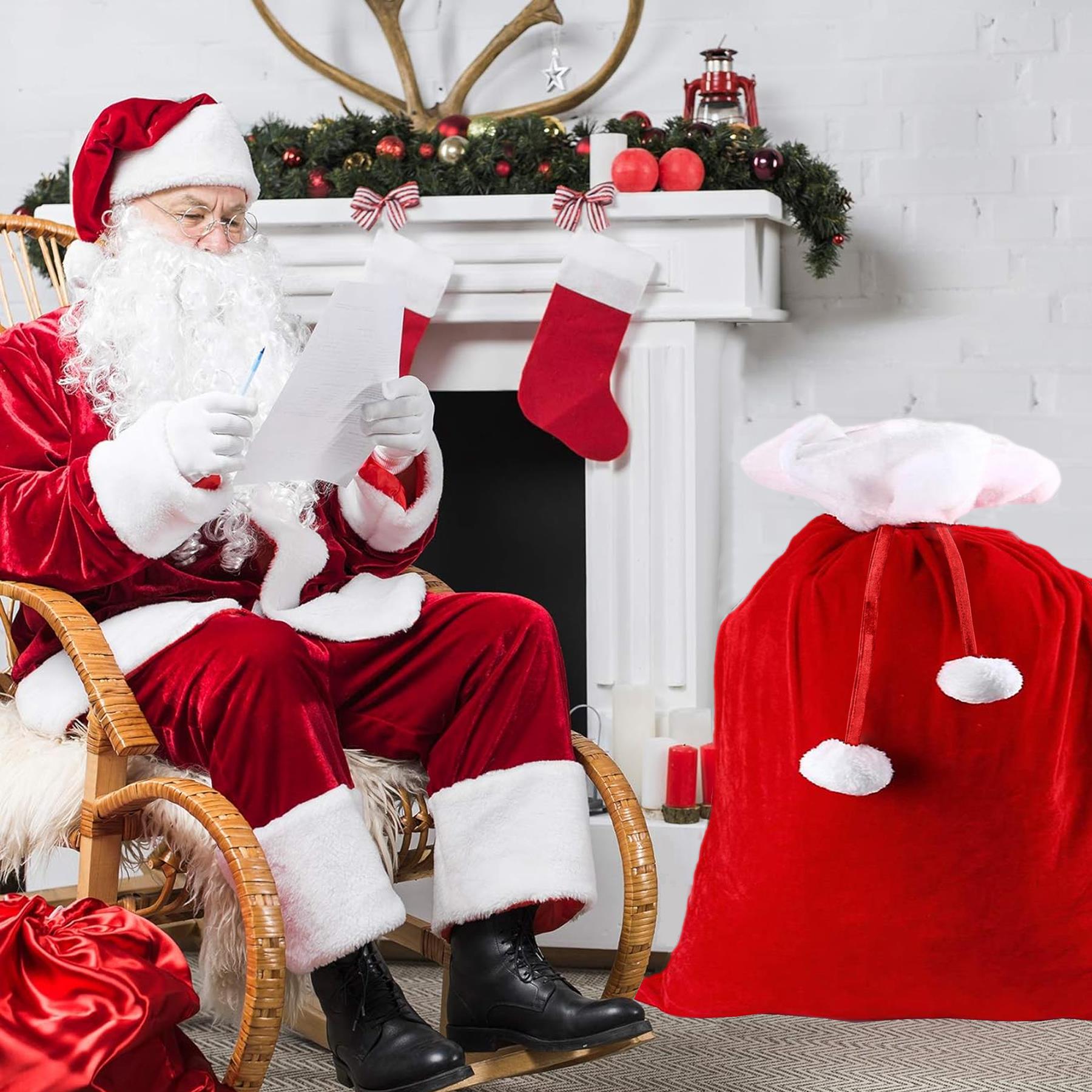 Giant Christmas Santa Sack Red and White Velour and Pom Pom Ties