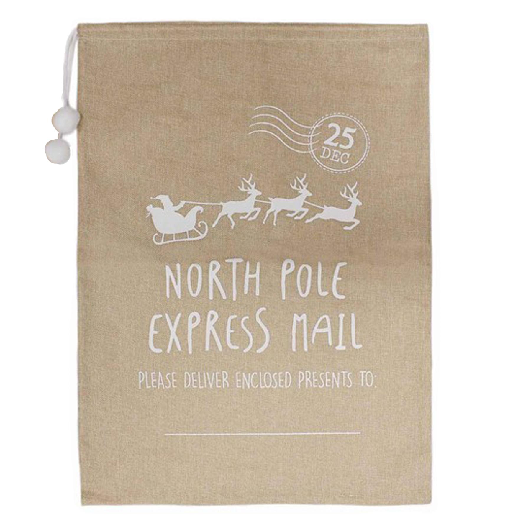 Christmas Hessian Present Sack Drawstring 70x50cm - North Pole Express Mail
