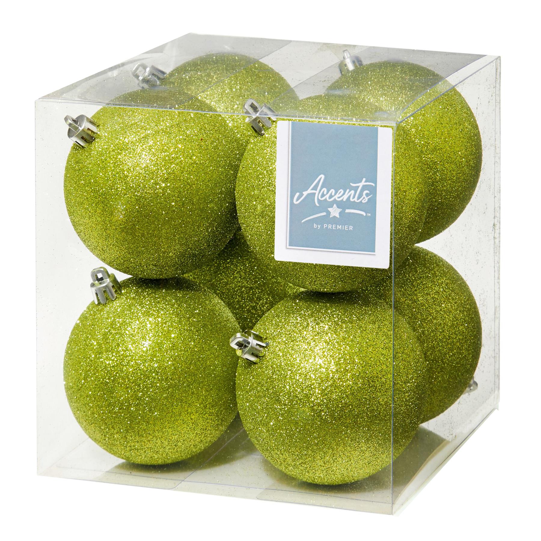 Christmas Shatterproof Baubles 8 Pack 80mm Glitter Tree Decoration Apple Green