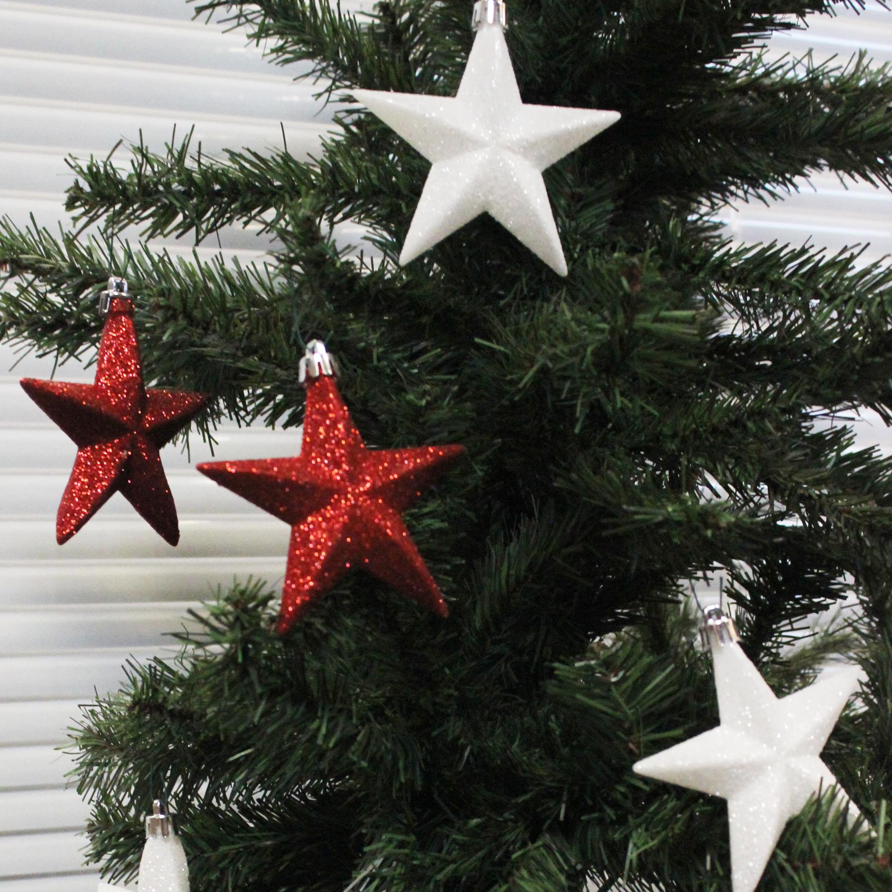 Christmas Shatterproof Stars 6 Pack 100mm Glitter Tree Decoration Red and White