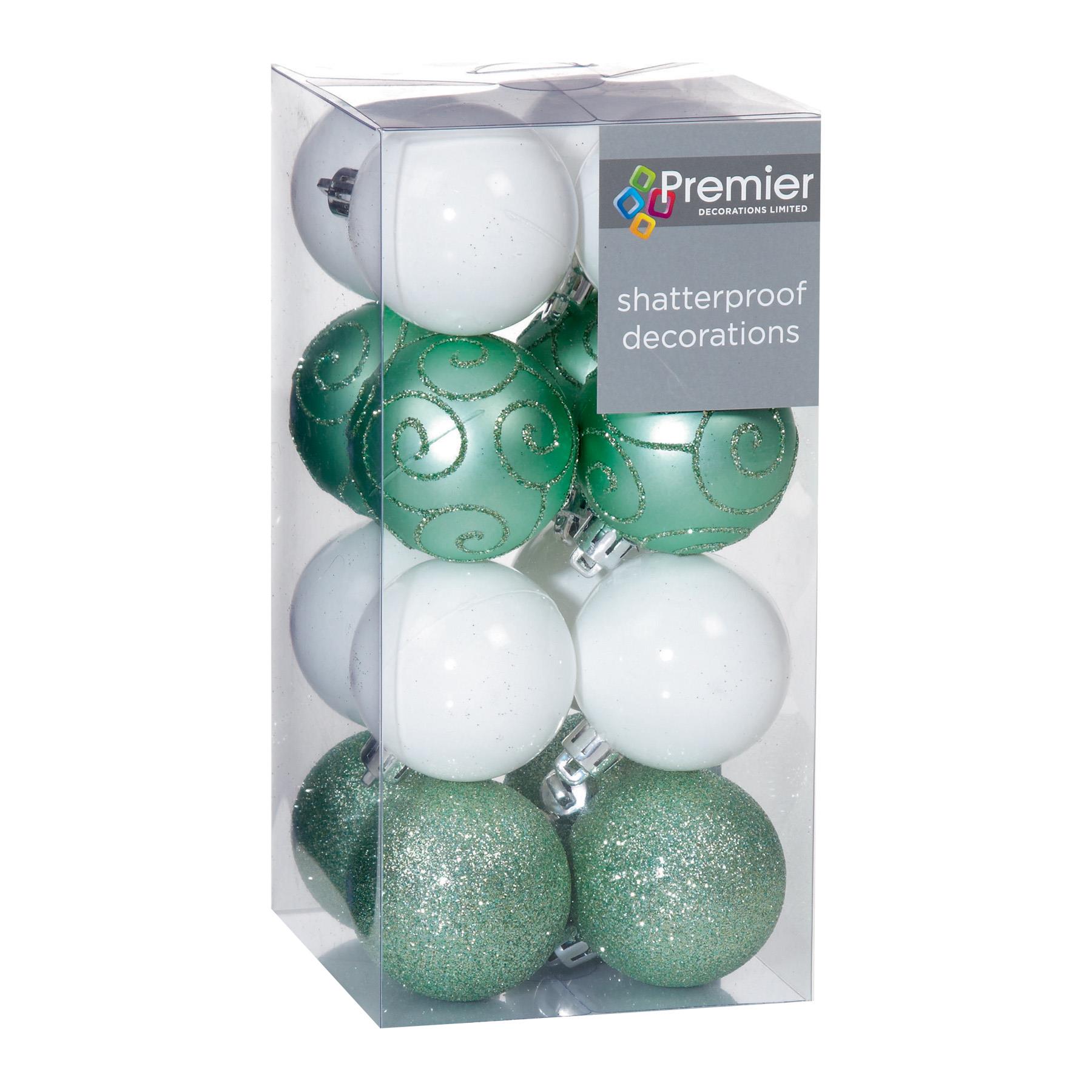 Christmas Shatterproof Baubles 16 Pack 50mm Tree Decoration Green and White