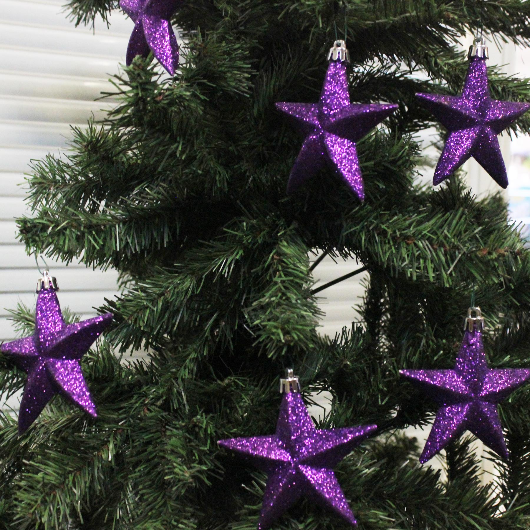 Christmas Shatterproof Stars 6 Pack 100mm Glitter Tree Decoration Purple