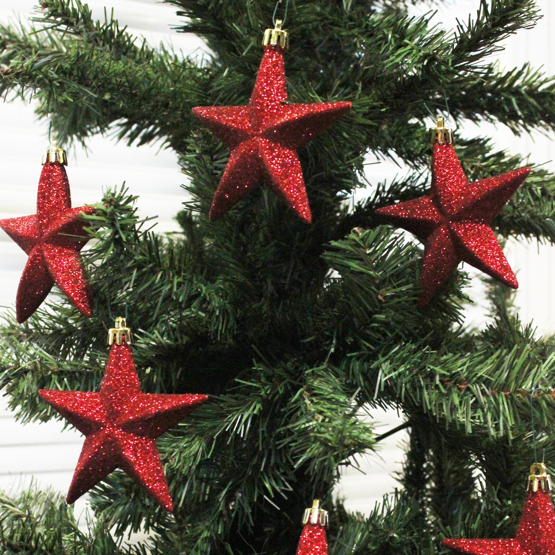 Christmas Shatterproof Stars 6 Pack 100mm Glitter Tree Decoration Red