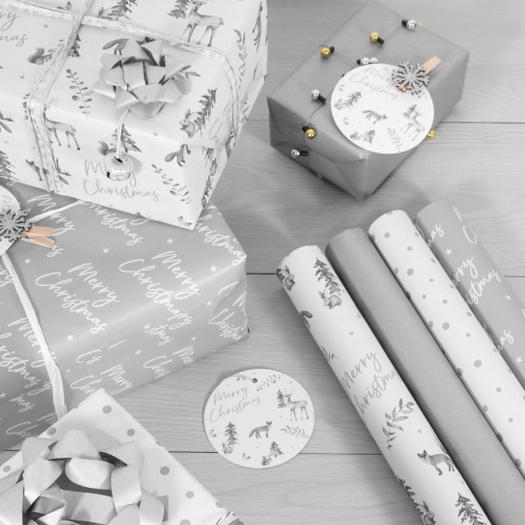 Christmas Wrapping Paper Christmas Tags and Raffia Ribbon Set 8 Metres - Silver and White