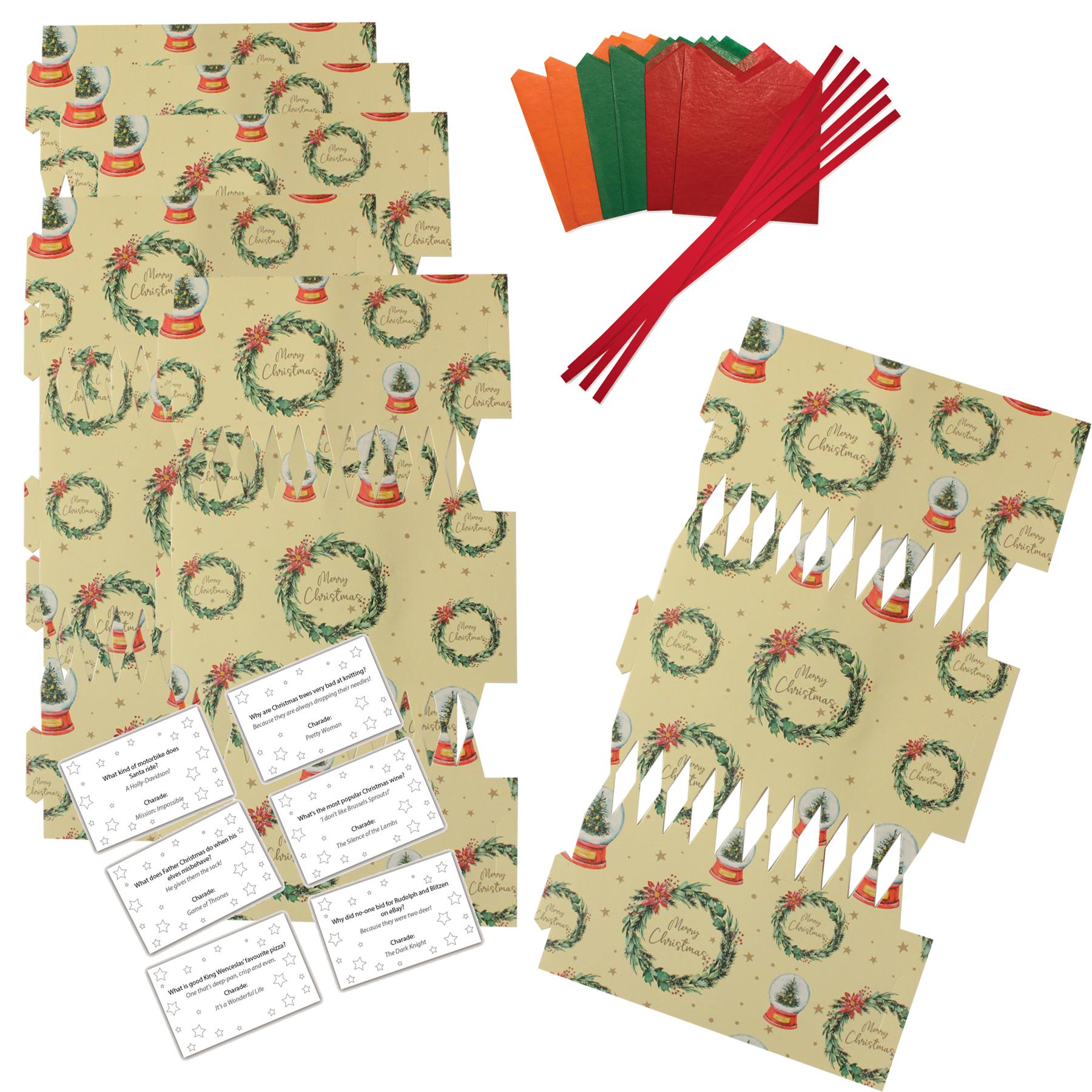 Christmas Cracker Kit 6 Pack Make your Own - Wreaths and Snow Globes