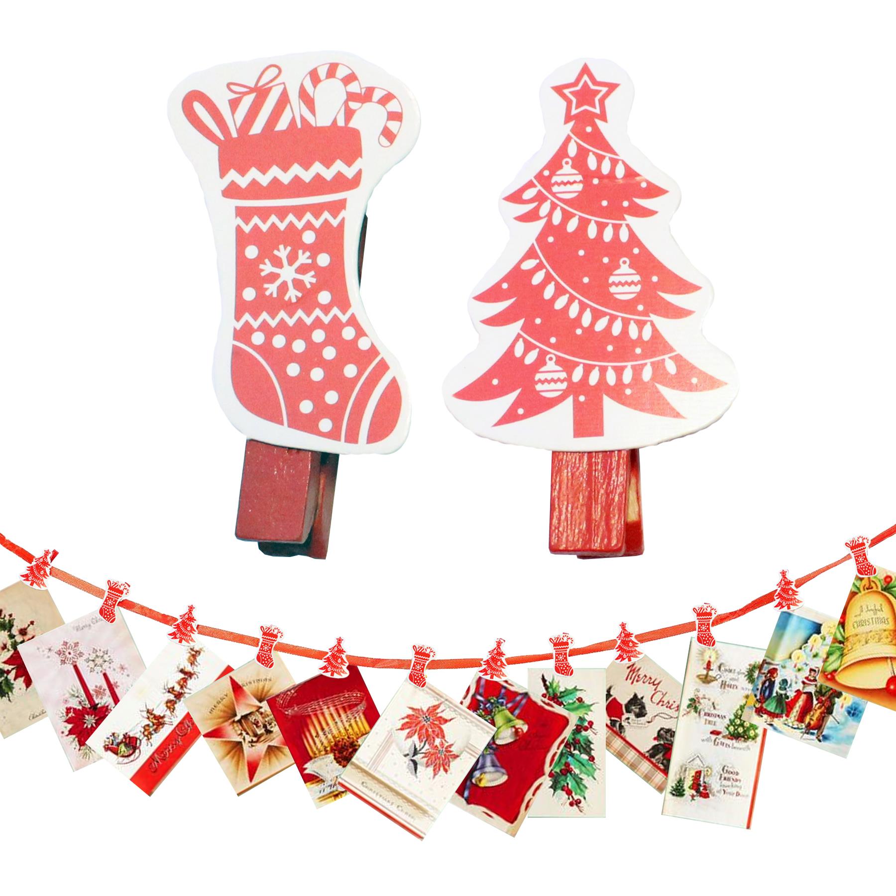 Christmas Card Holder 18 Novelty Pegs and Red Ribbon - Tree / Stocking