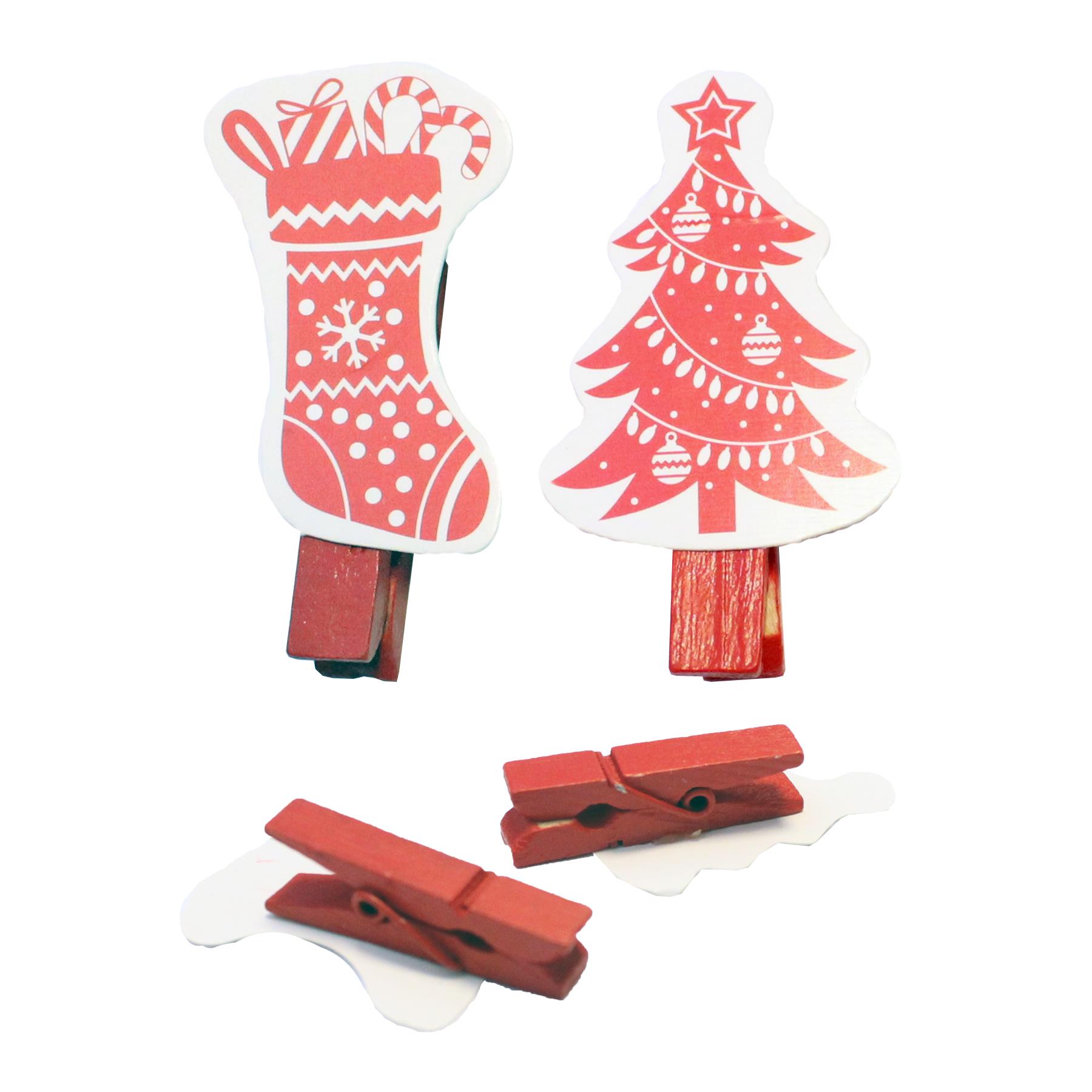 Christmas Card Holder 18 Novelty Pegs and Red Ribbon - Tree / Stocking