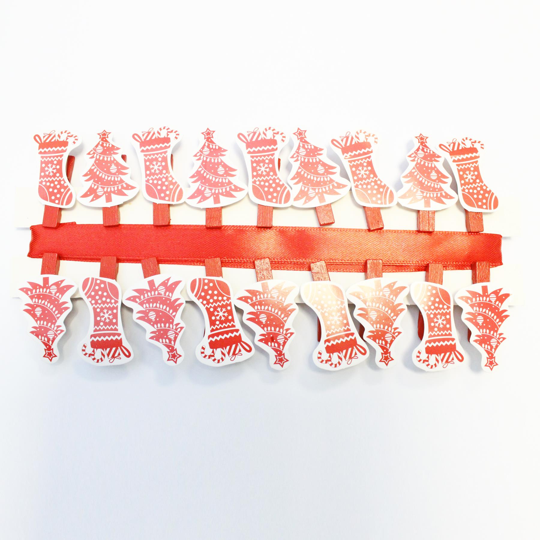 Christmas Card Holder 18 Novelty Pegs and Red Ribbon - Tree / Stocking