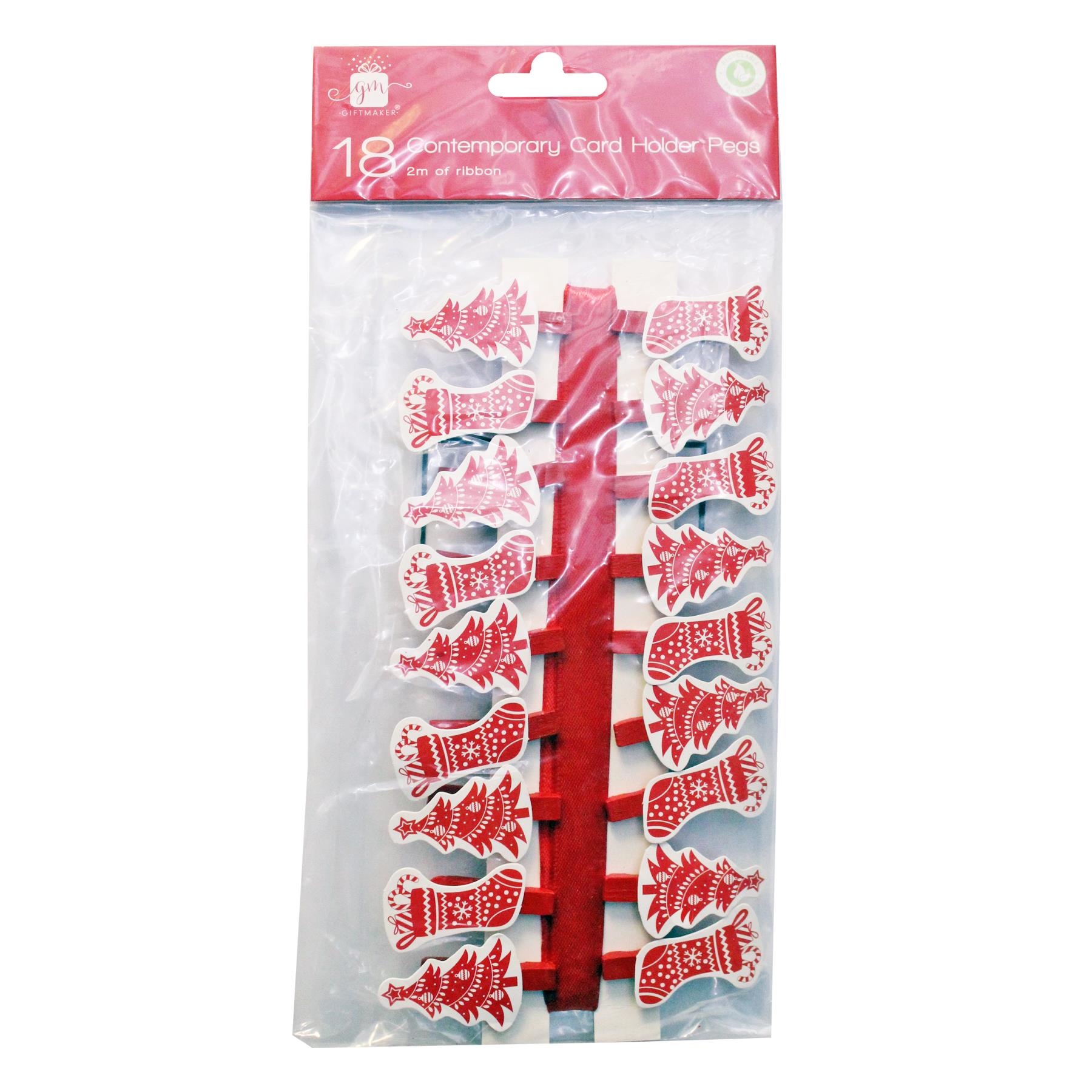 Christmas Card Holder 18 Novelty Pegs and Red Ribbon - Tree / Stocking