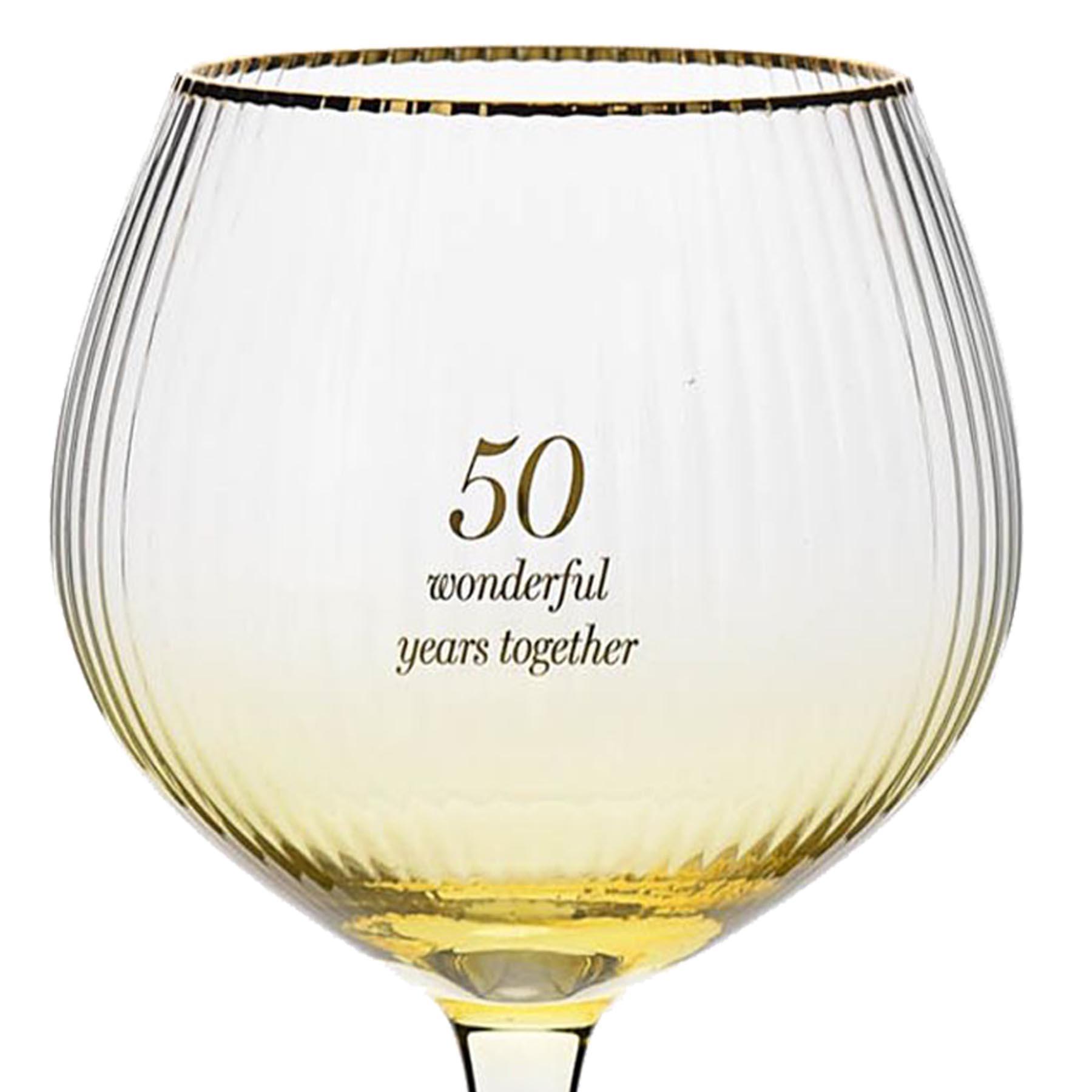 50th Anniversary Gin Glass Set Gold Ridge Glasses with Silver Wording