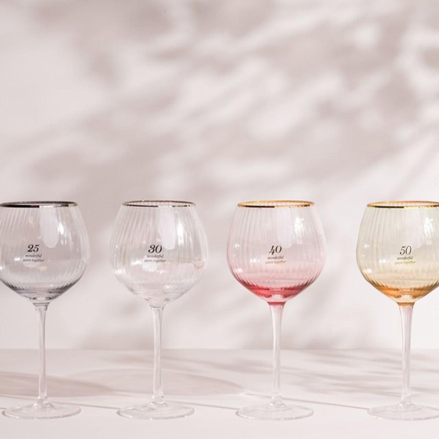 50th Anniversary Gin Glass Set Gold Ridge Glasses with Silver Wording