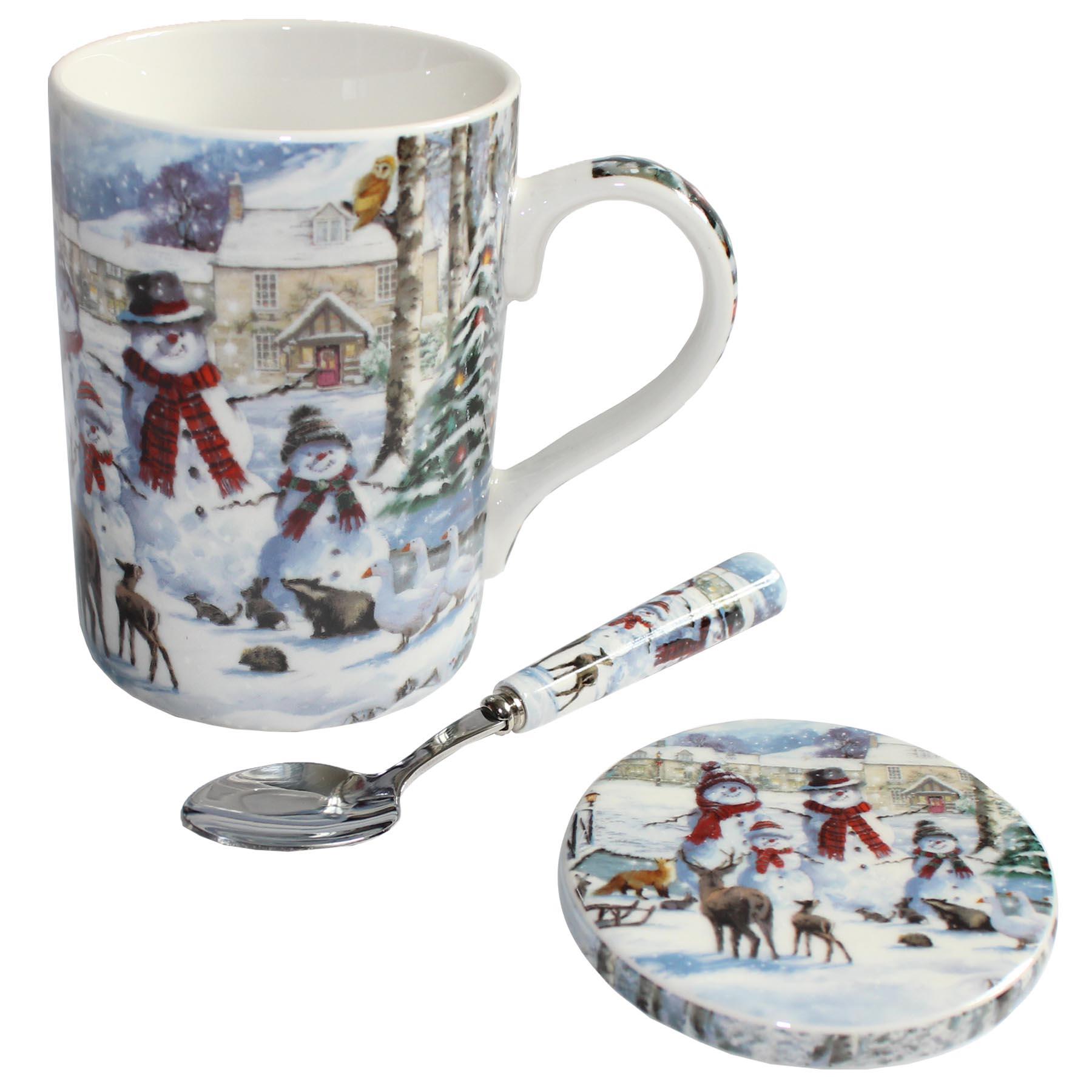Christmas Mug Coaster and Spoon Set Fine China Tableware - Snowman Family