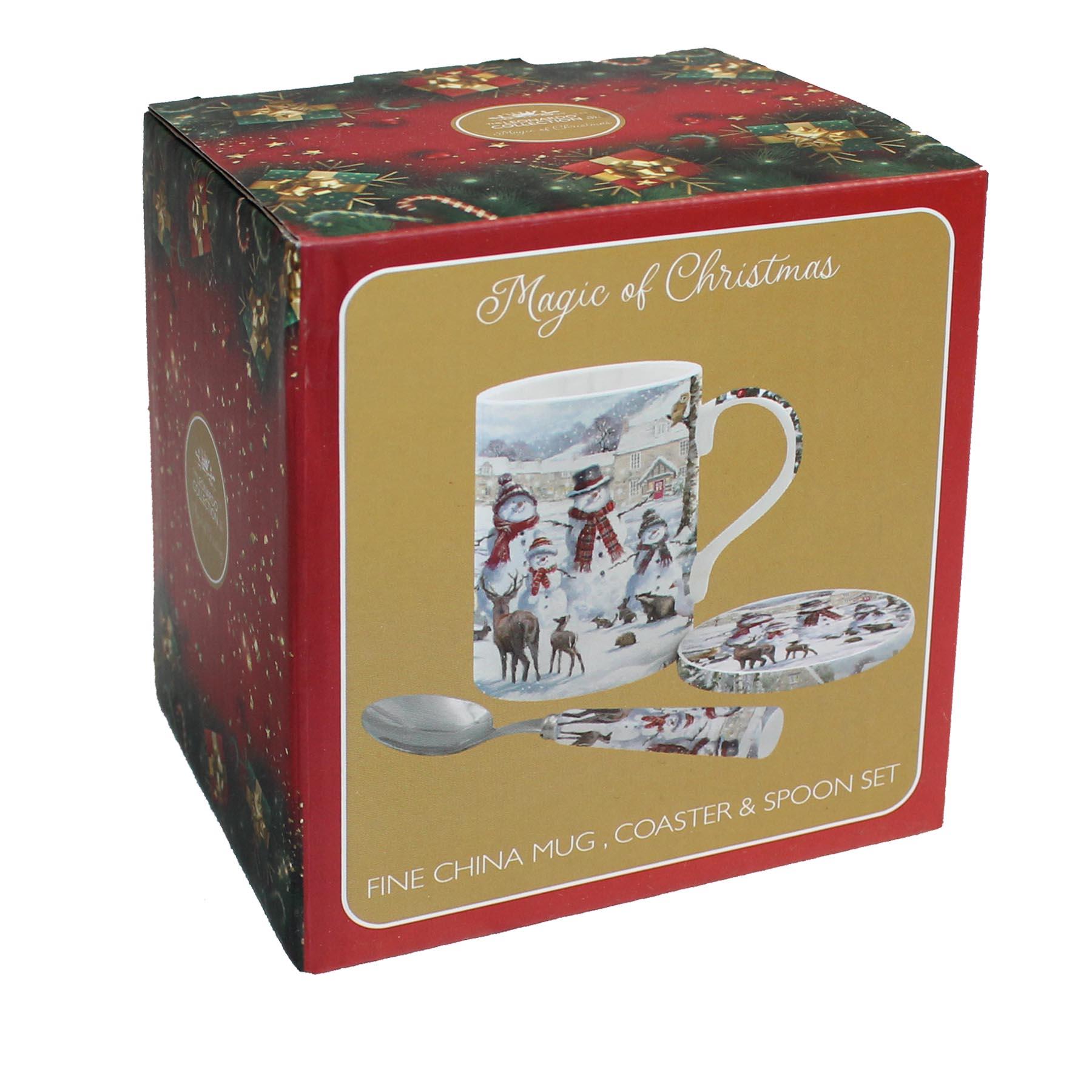 Christmas Mug Coaster and Spoon Set Fine China Tableware - Snowman Family