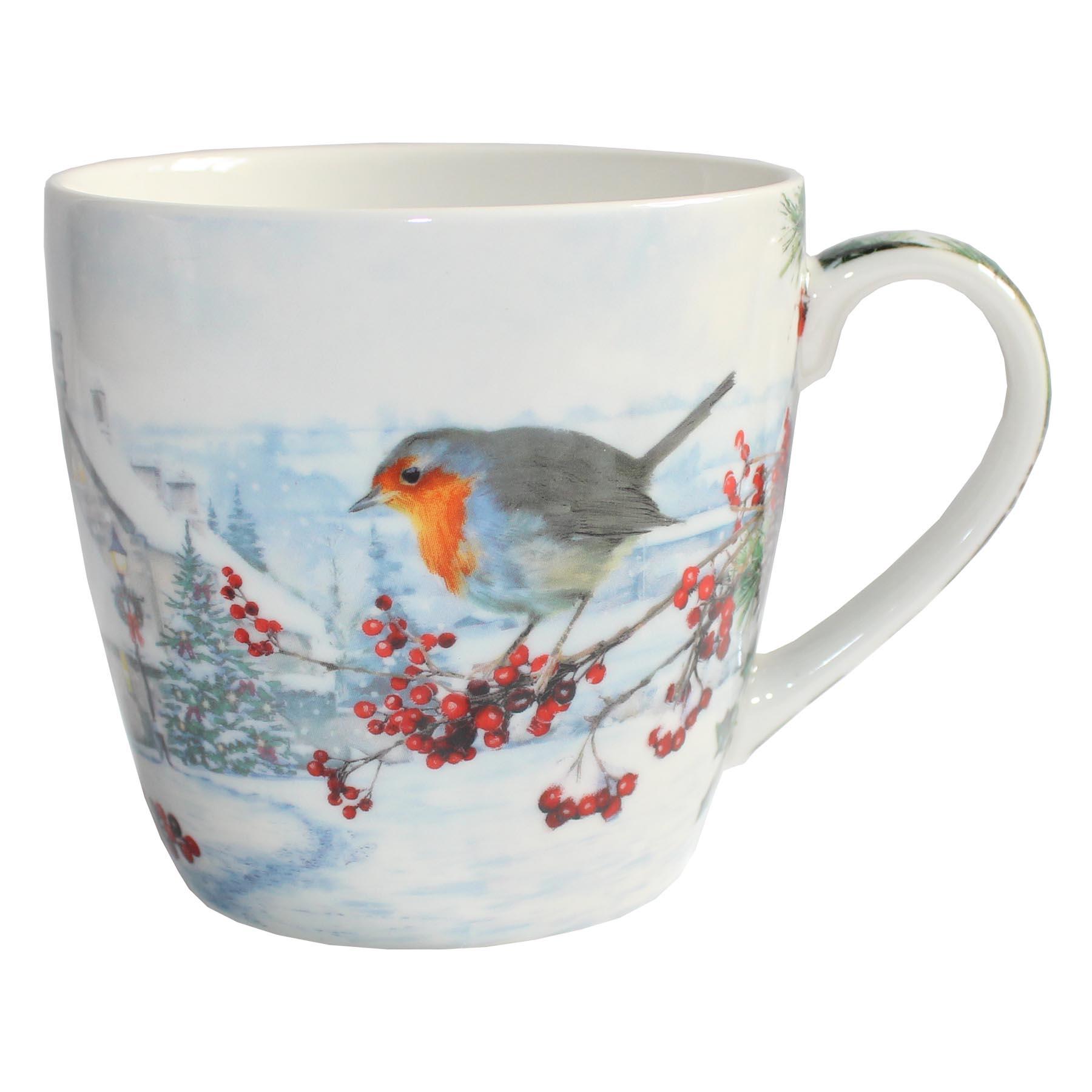 Christmas Breakfast Mug / Cup Fine China Tableware - Robin with Berries