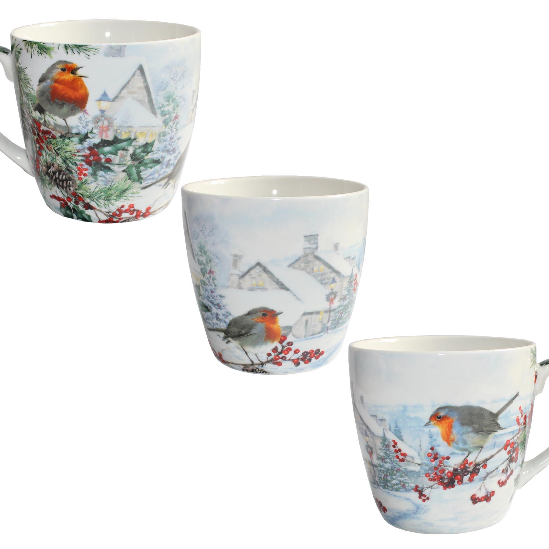 Christmas Breakfast Mug / Cup Fine China Tableware - Robin with Berries