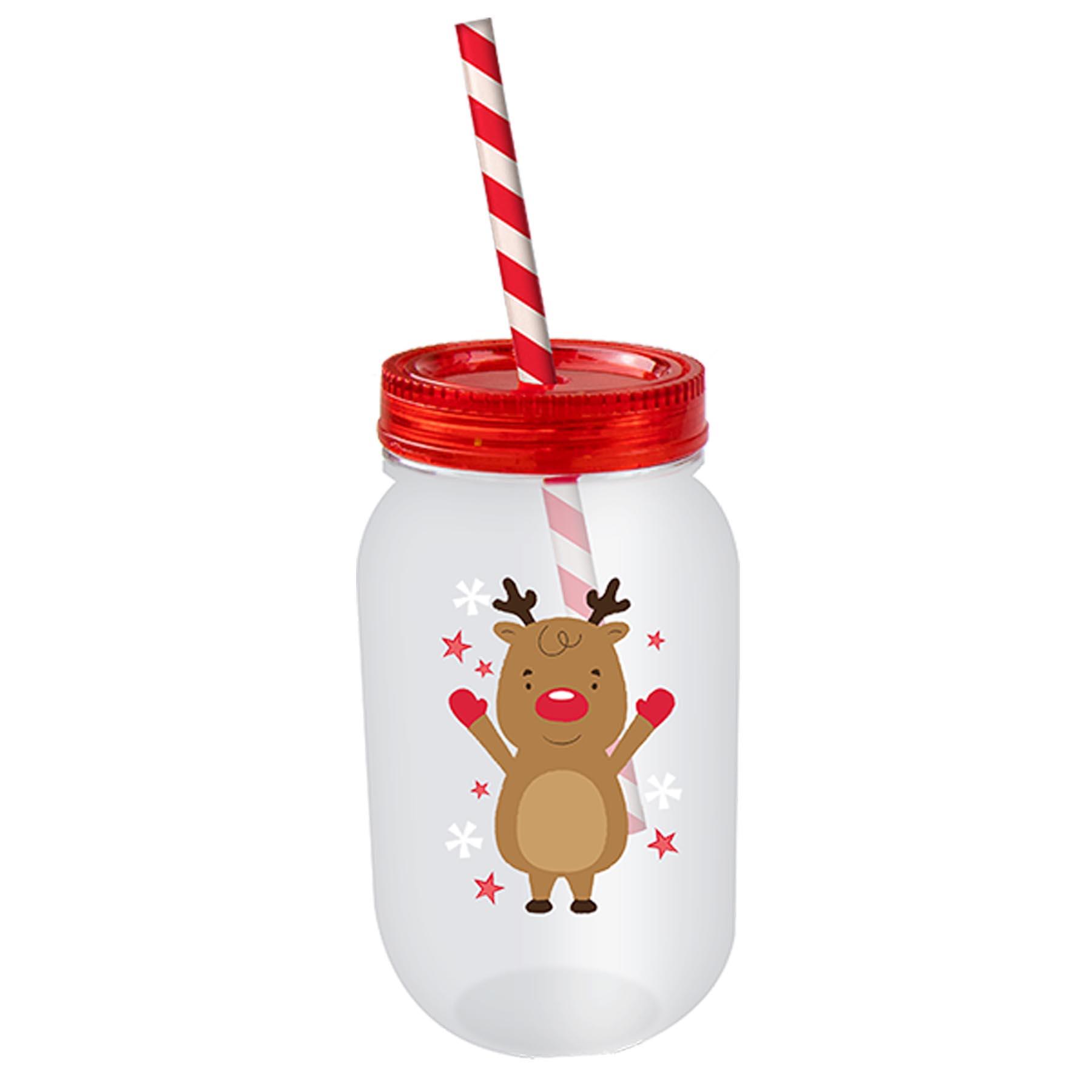 Christmas Mason Jar Drinking Cup and Straw - Christmas Reindeer Character