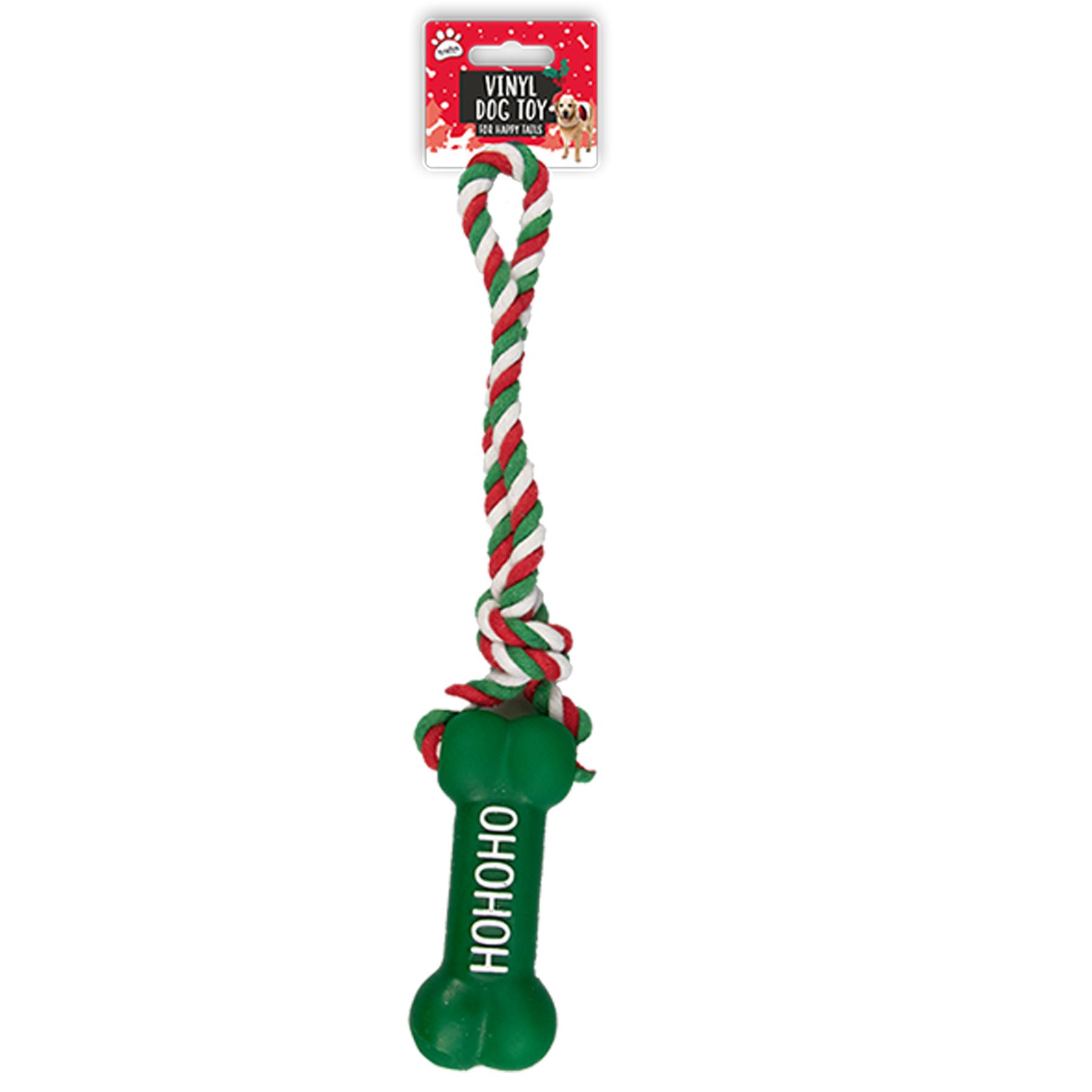 Christmas Dog Toy with Squeaker Tug of War Pull Rope - Green Ho Ho Ho