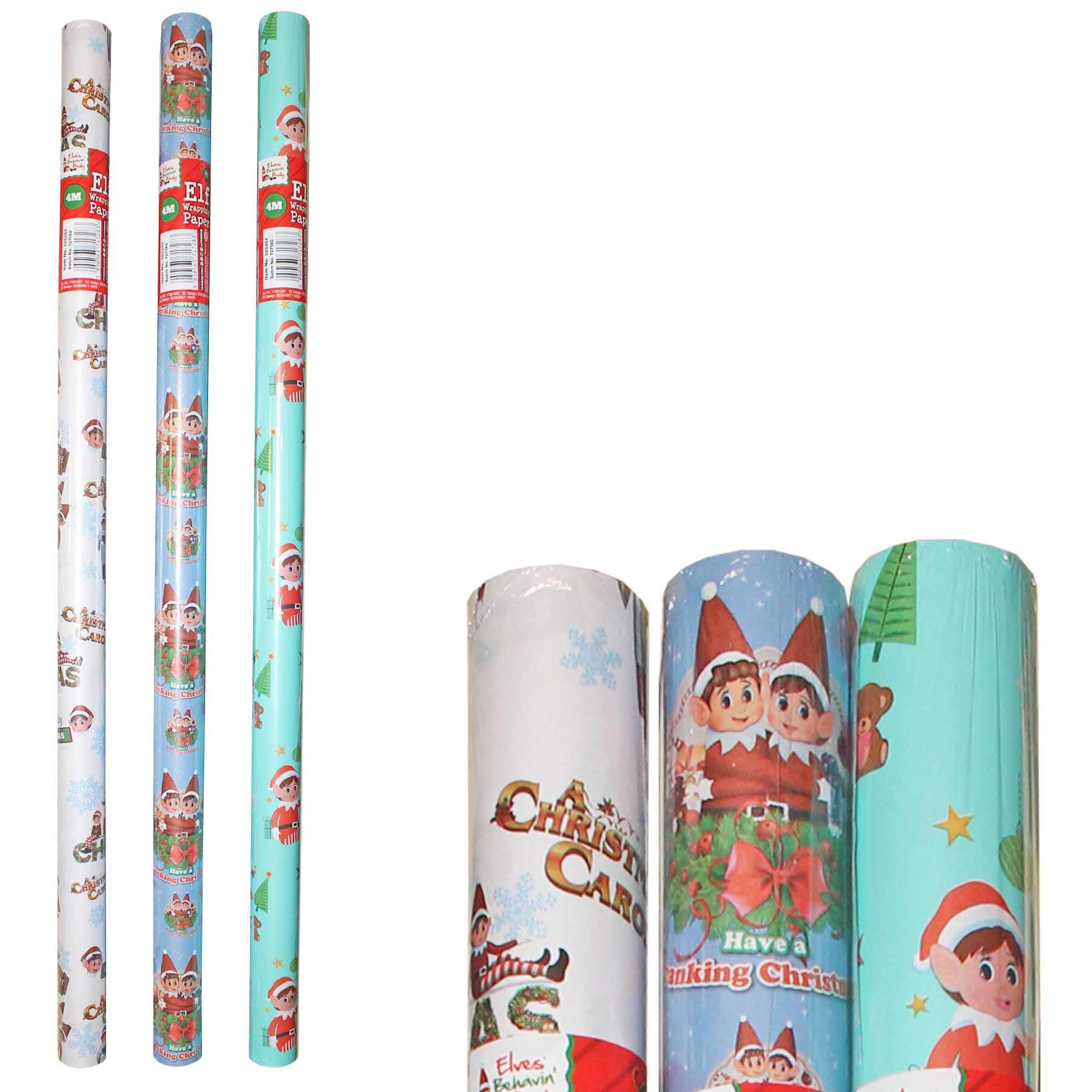 Christmas Wrapping Paper Set of 3 4M Rolls Elf Gift Wrap - Multi Colour