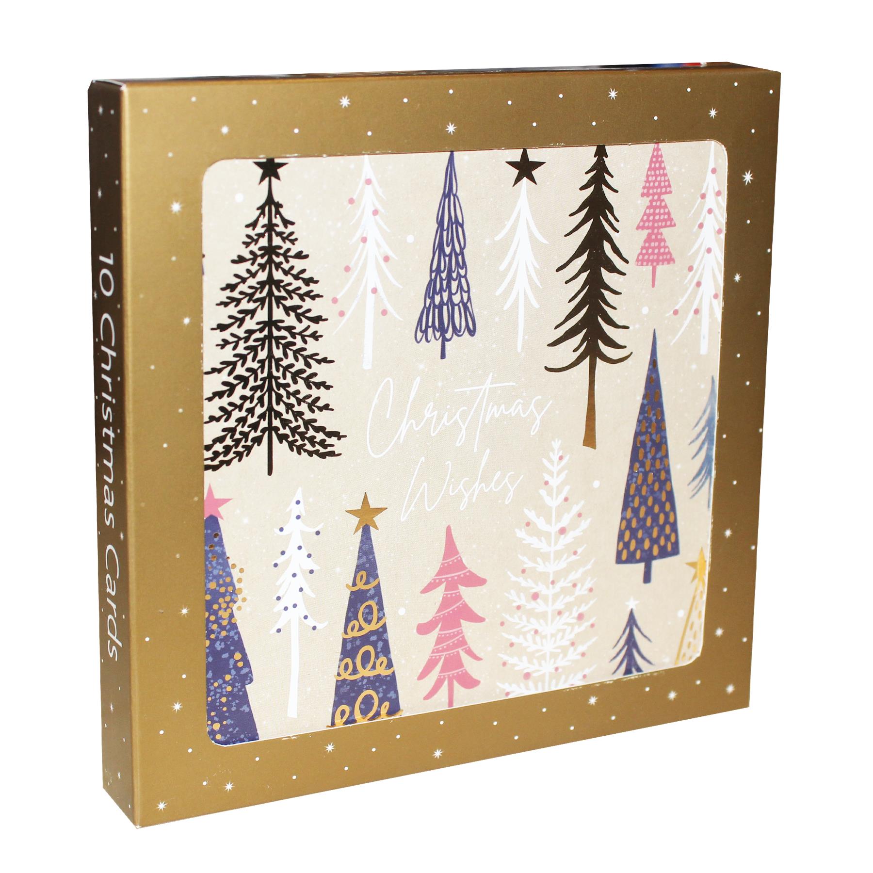 Pack of 10 Christmas Cards Square 14cm x 14cm with Envelopes - Trees