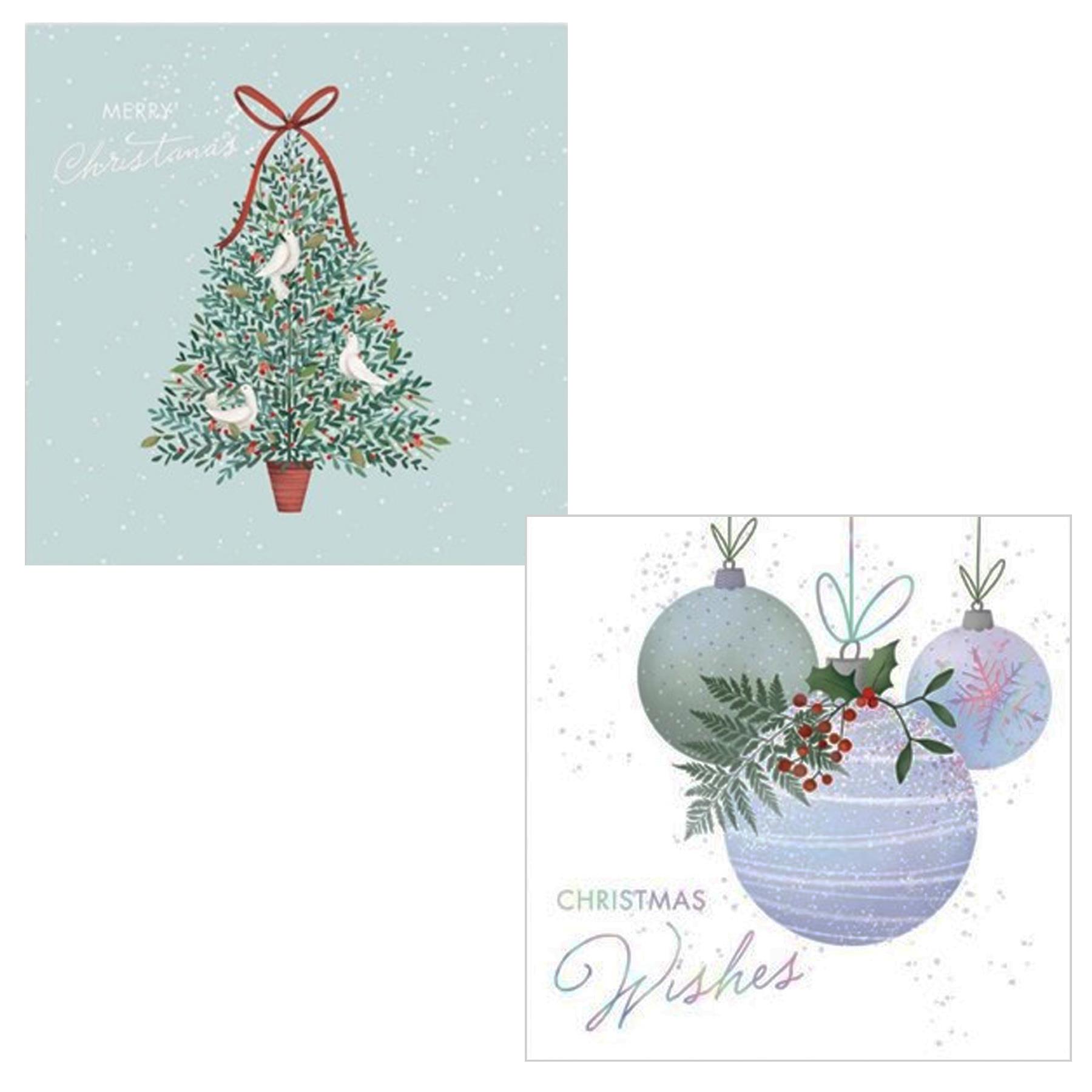 Pack of 10 Christmas Cards Square 14cm x 14cm with Envelopes - Tree / Baubles