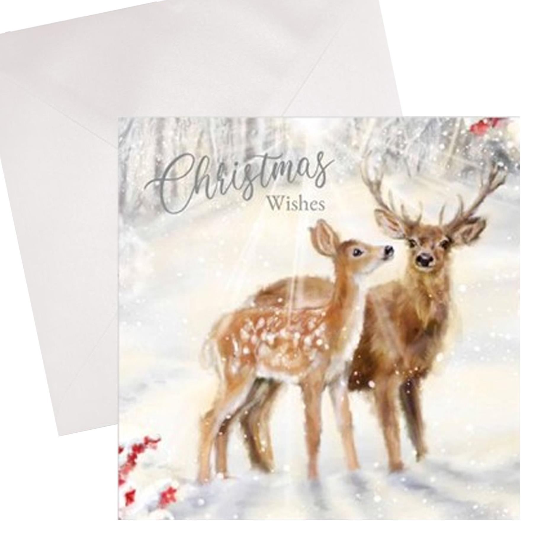 Pack of 10 Christmas Cards Square 14cm x 14cm with Envelopes - Deer / Robin