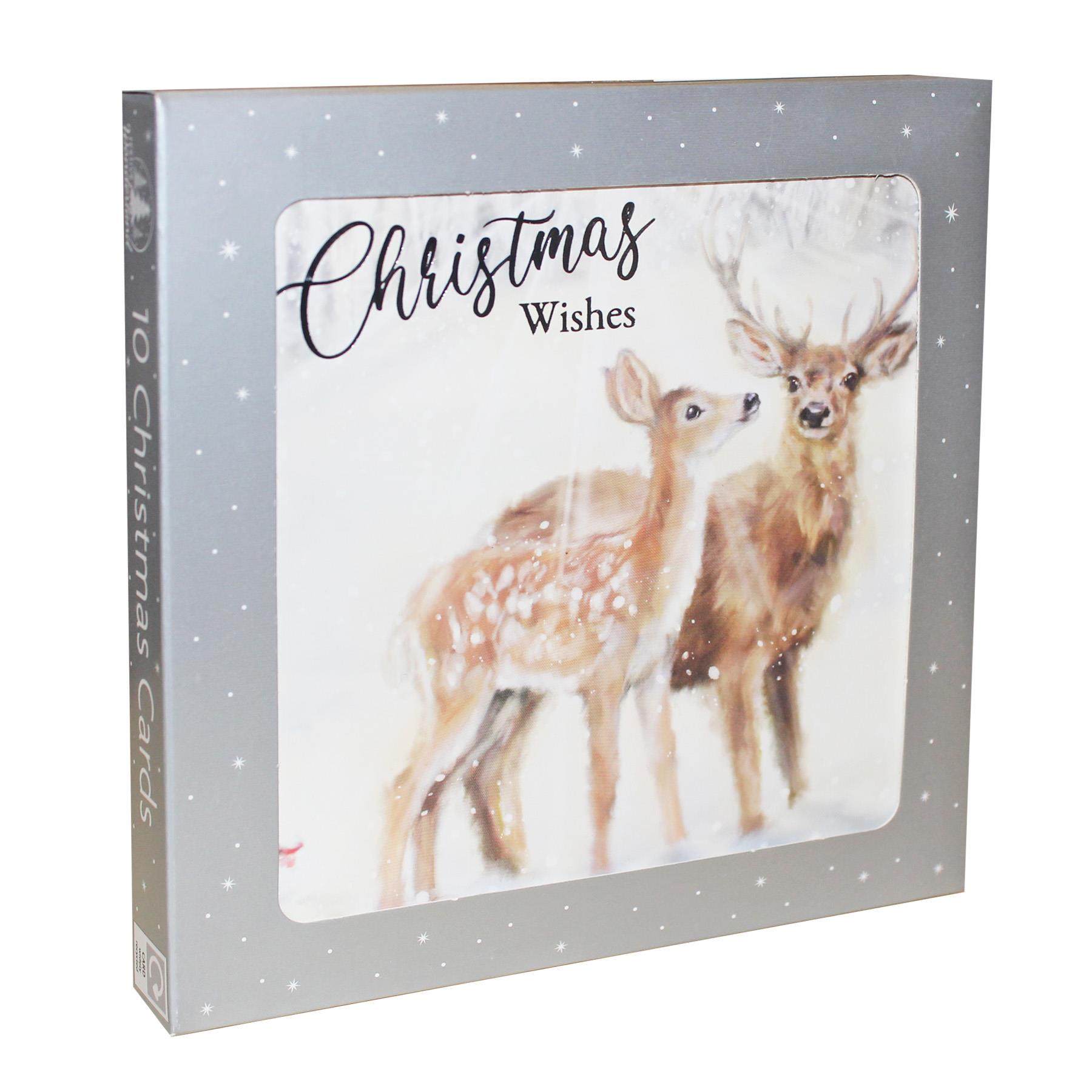 Pack of 10 Christmas Cards Square 14cm x 14cm with Envelopes - Deer / Robin
