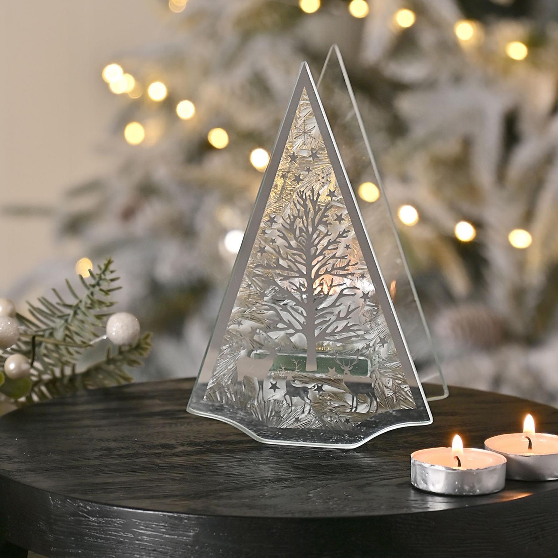 Christmas Candle Holder Triangle Glass Tea Light Holder with Reindeer