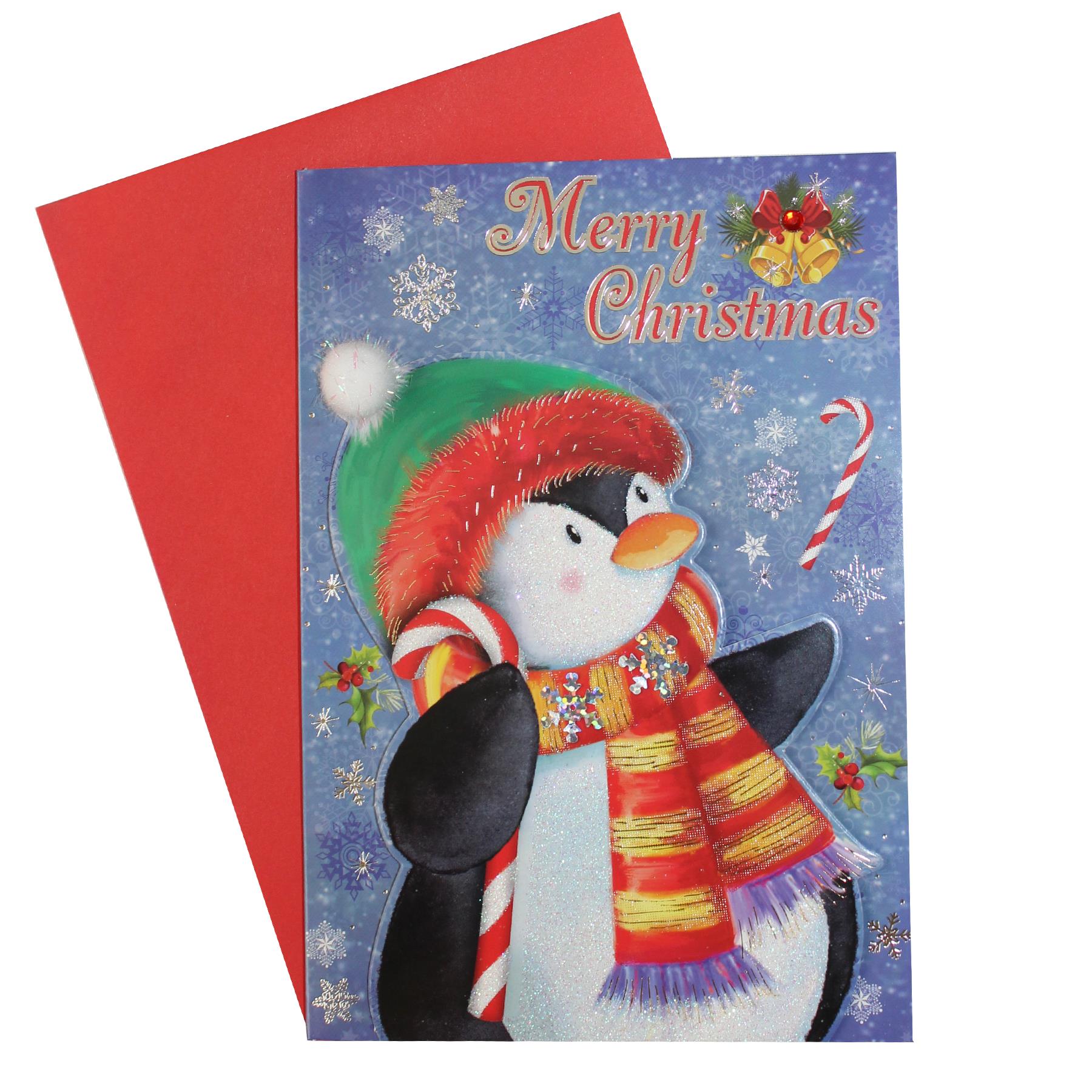 Luxury Christmas Card with Glitter and 3D Embellishments - Penguin