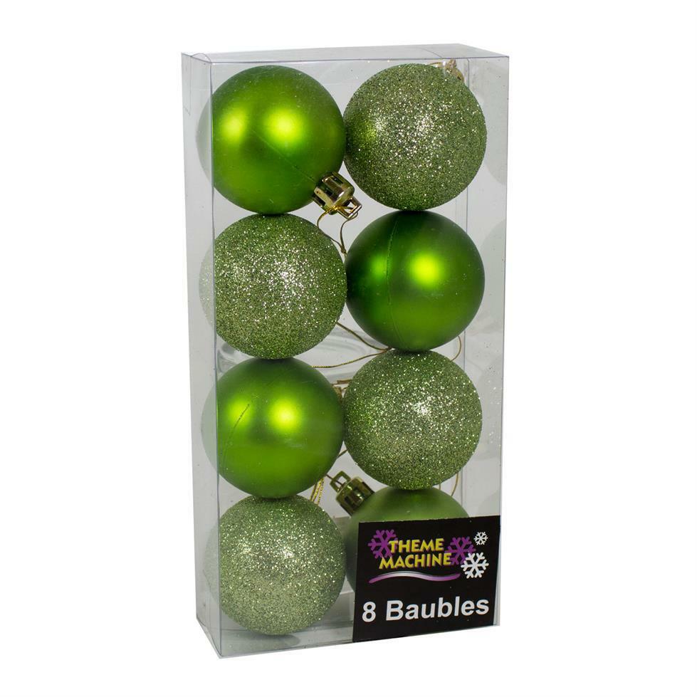 Christmas Tree Decorations 8 Pack 50mm Baubles Glitter / Plain Apple Green
