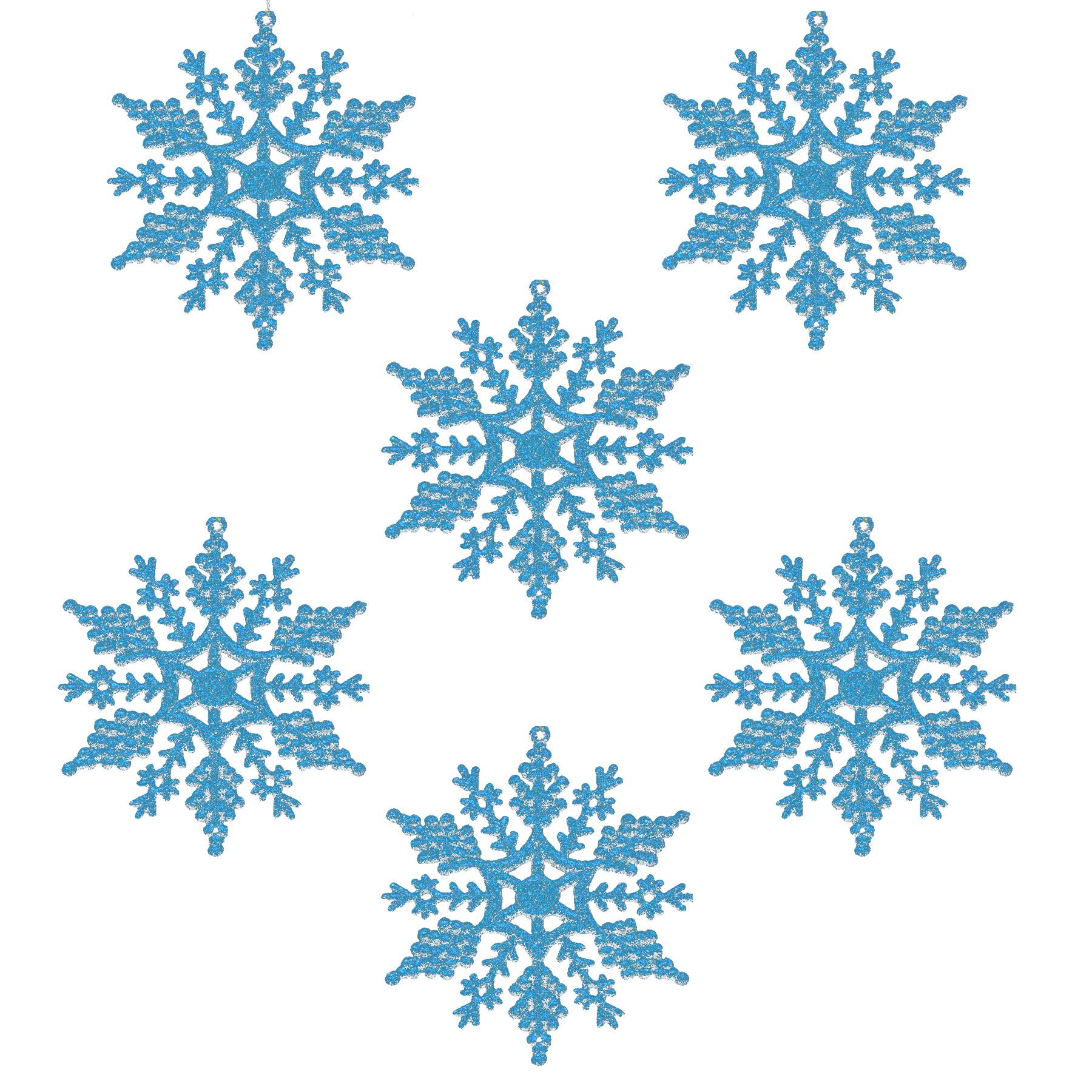 Christmas Tree Decorations Blue 6 Pack Glitter Snowflakes