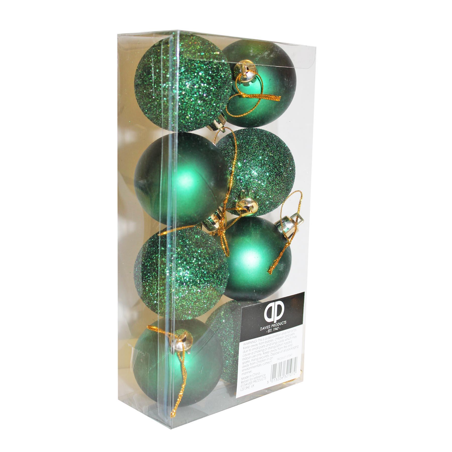 Christmas Decorations 8 Pack 50mm Baubles Glitter / Plain Green
