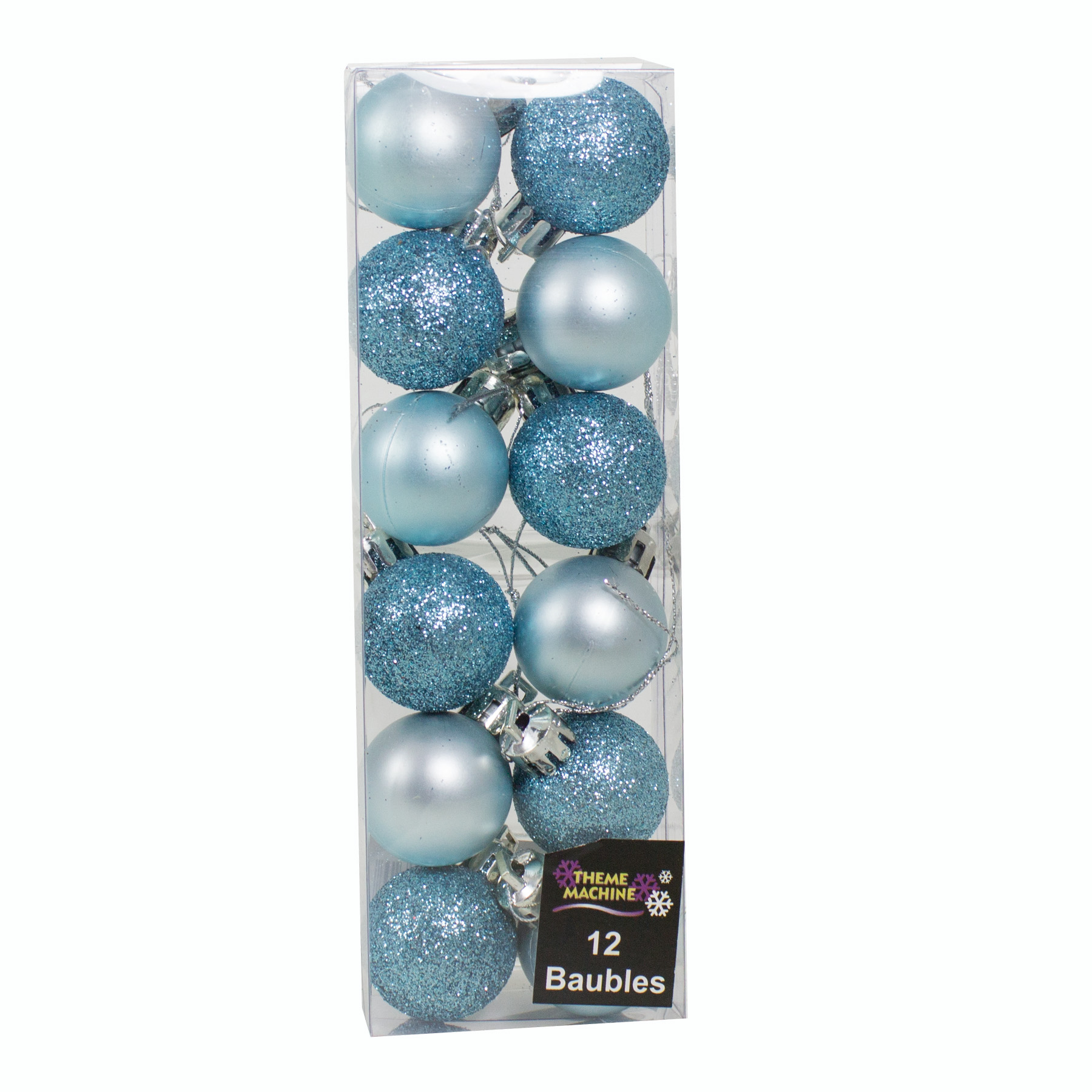 Christmas Decorations 12 Pack 30mm Baubles Glitter / Plain Ice Blue