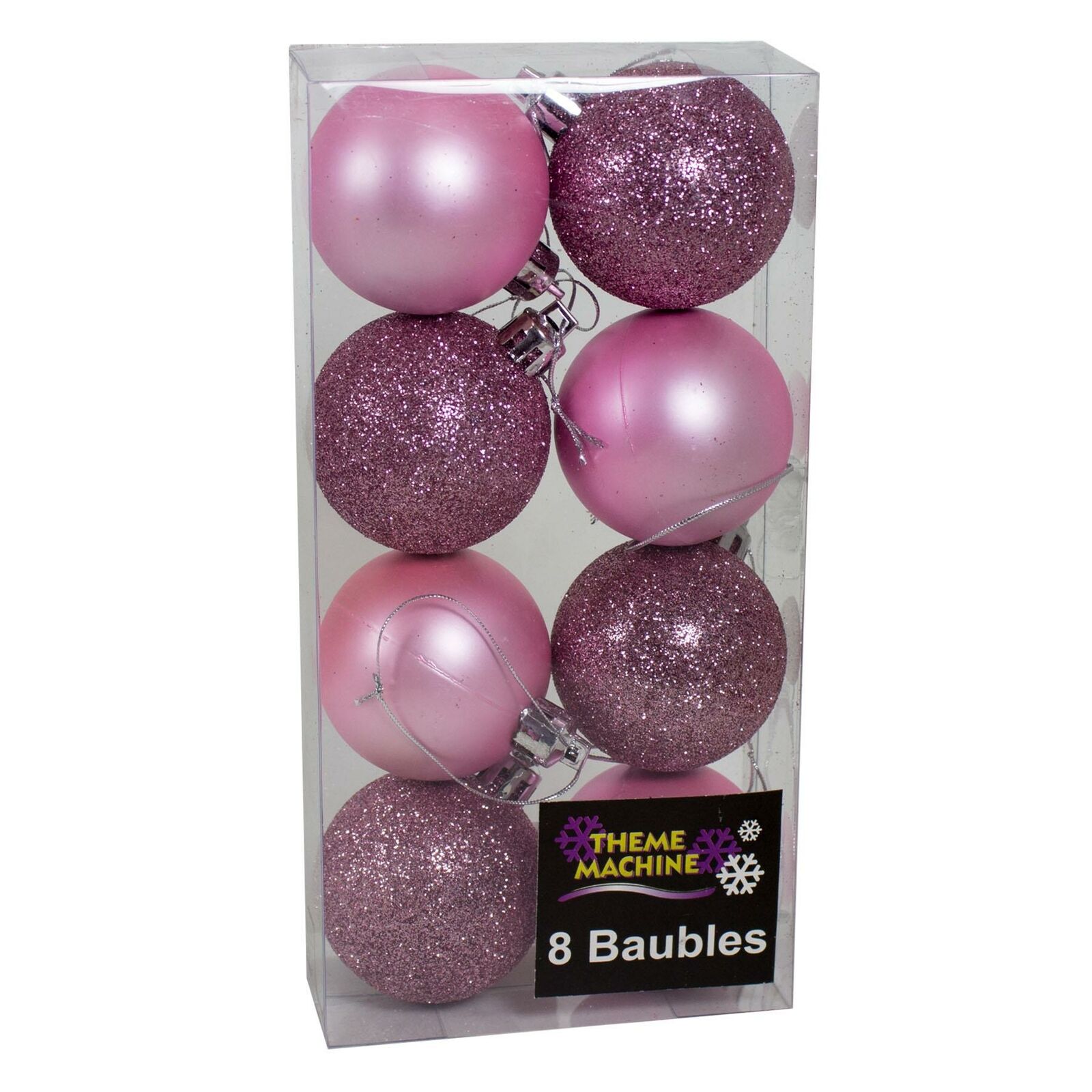 Christmas Tree Decorations 8 Pack 50mm Baubles Glitter and Plain Pink