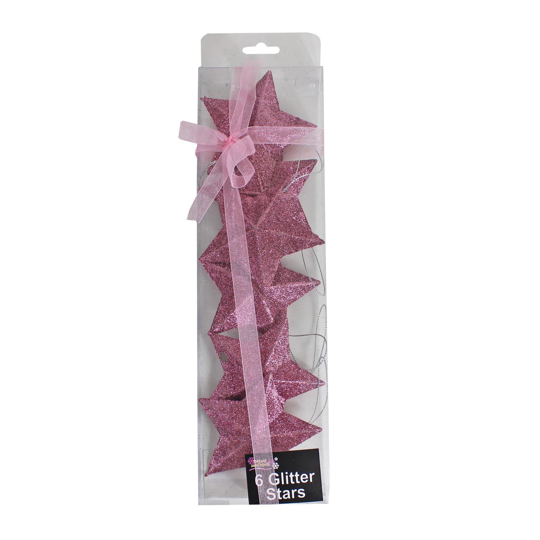 Christmas Pink 6 Pack 80mm Glitter Stars Tree Decorations