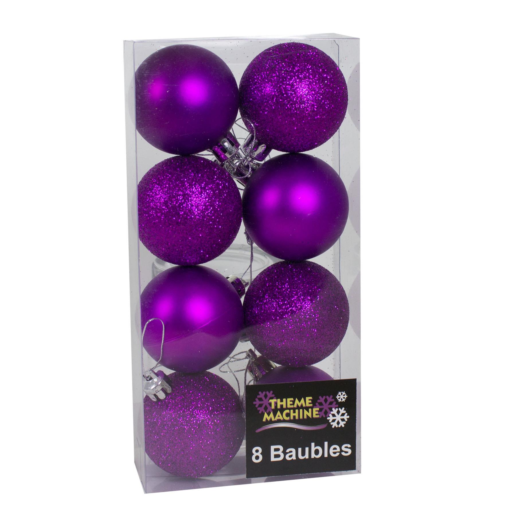 Christmas Tree Decorations 8 Pack 50mm Baubles Glitter / Plain Purple