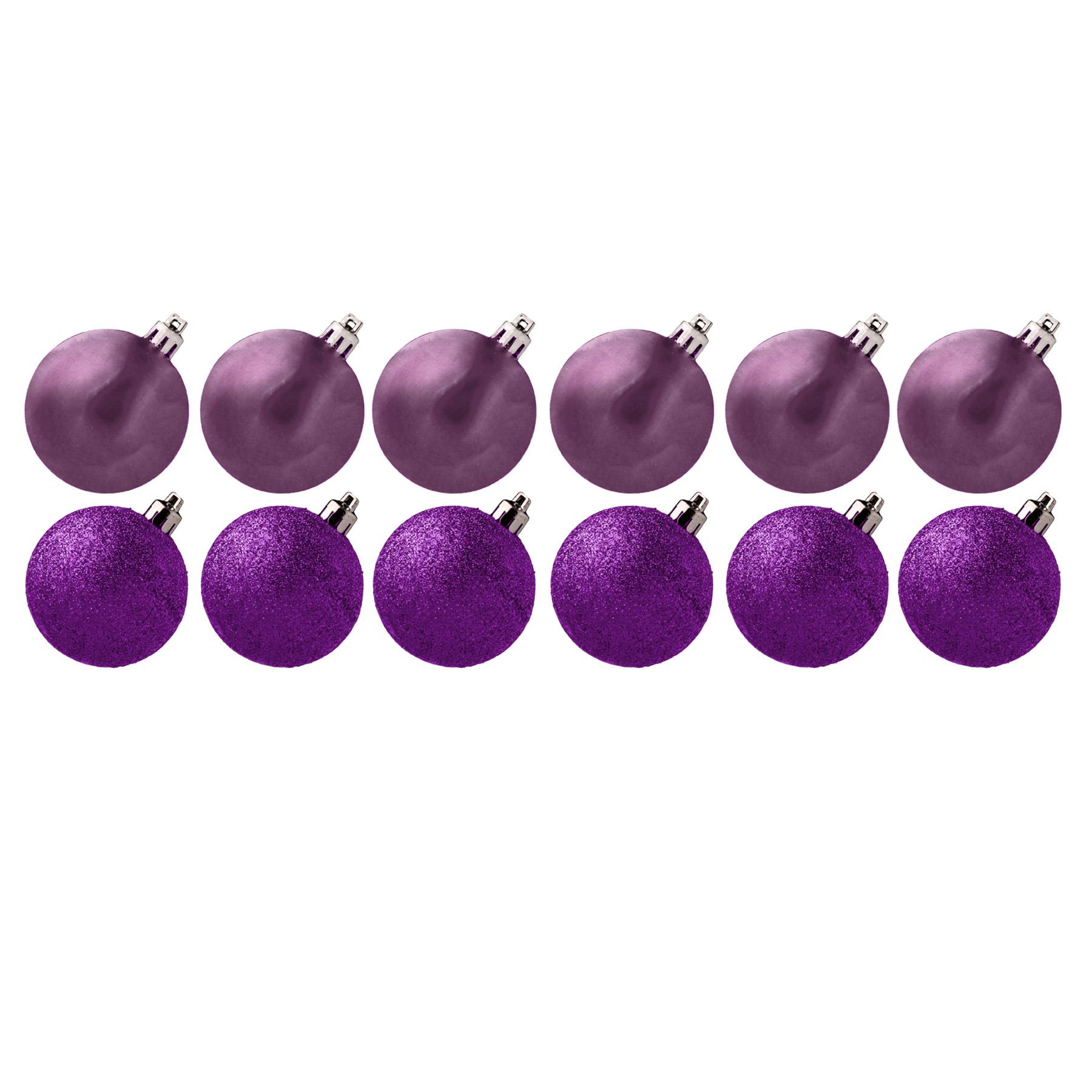 Christmas Tree Decorations 12 Pack 30mm Baubles Glitter / Plain Purple